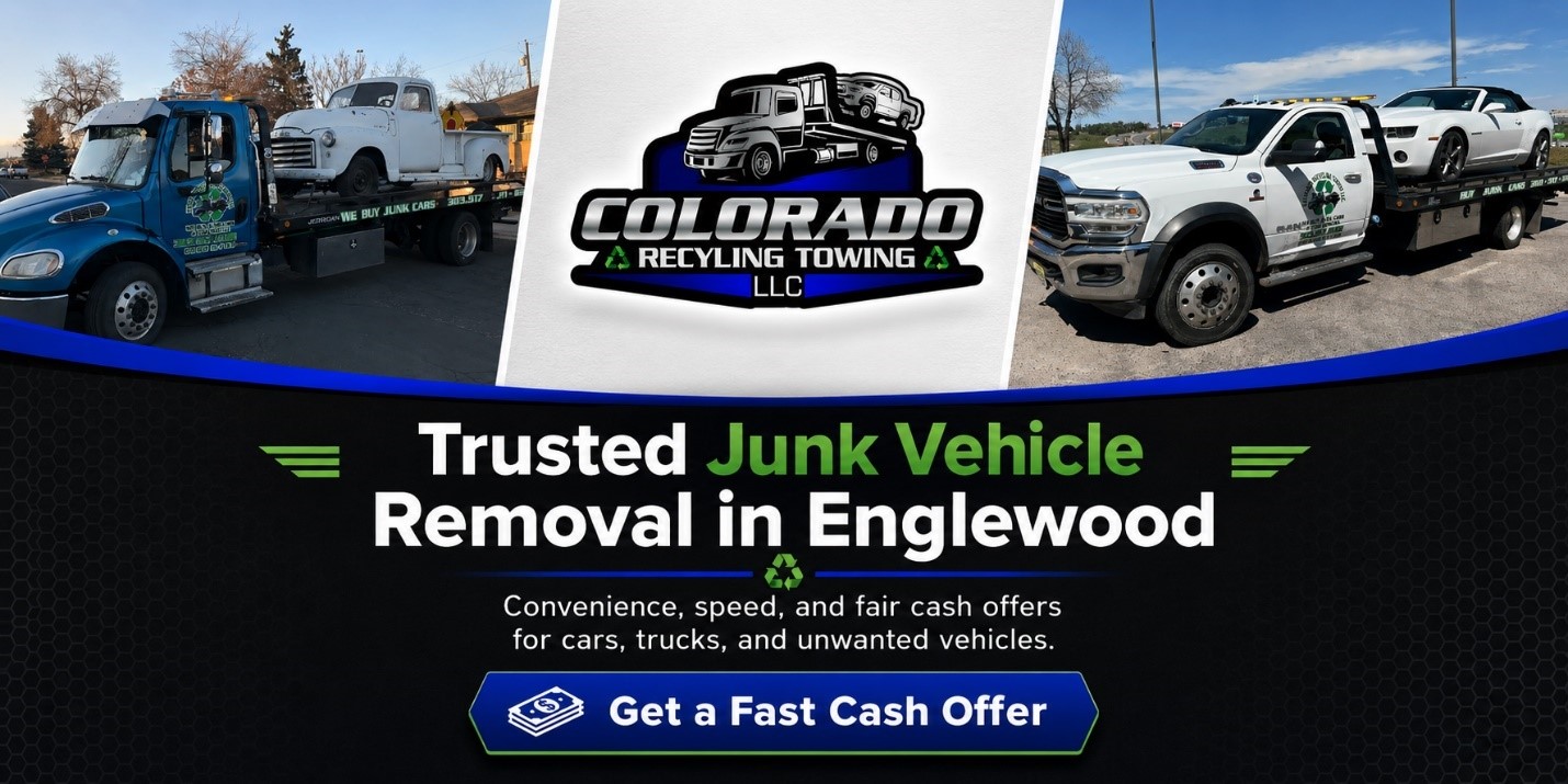 Colorado Recycling Towing banner featuring junk vehicle removal trucks, company logo, and same-day service messaging for Englewood, CO.