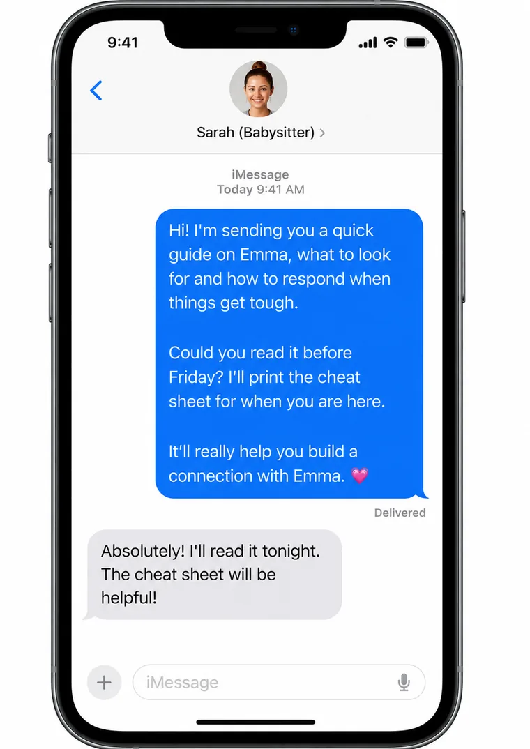 Text message asking a babysitter to read the playbook
