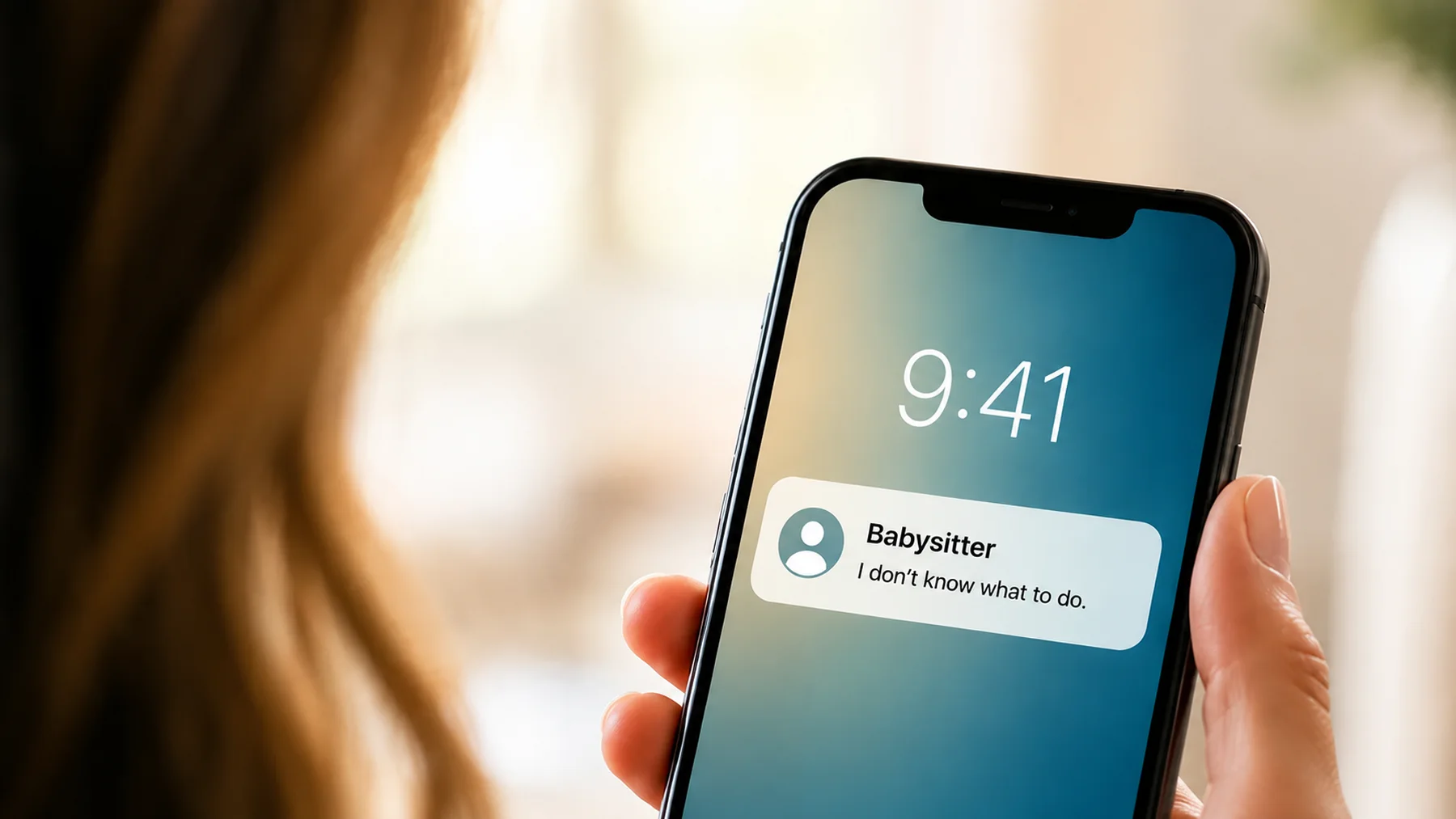 Parent looking at a phone notification from a babysitter