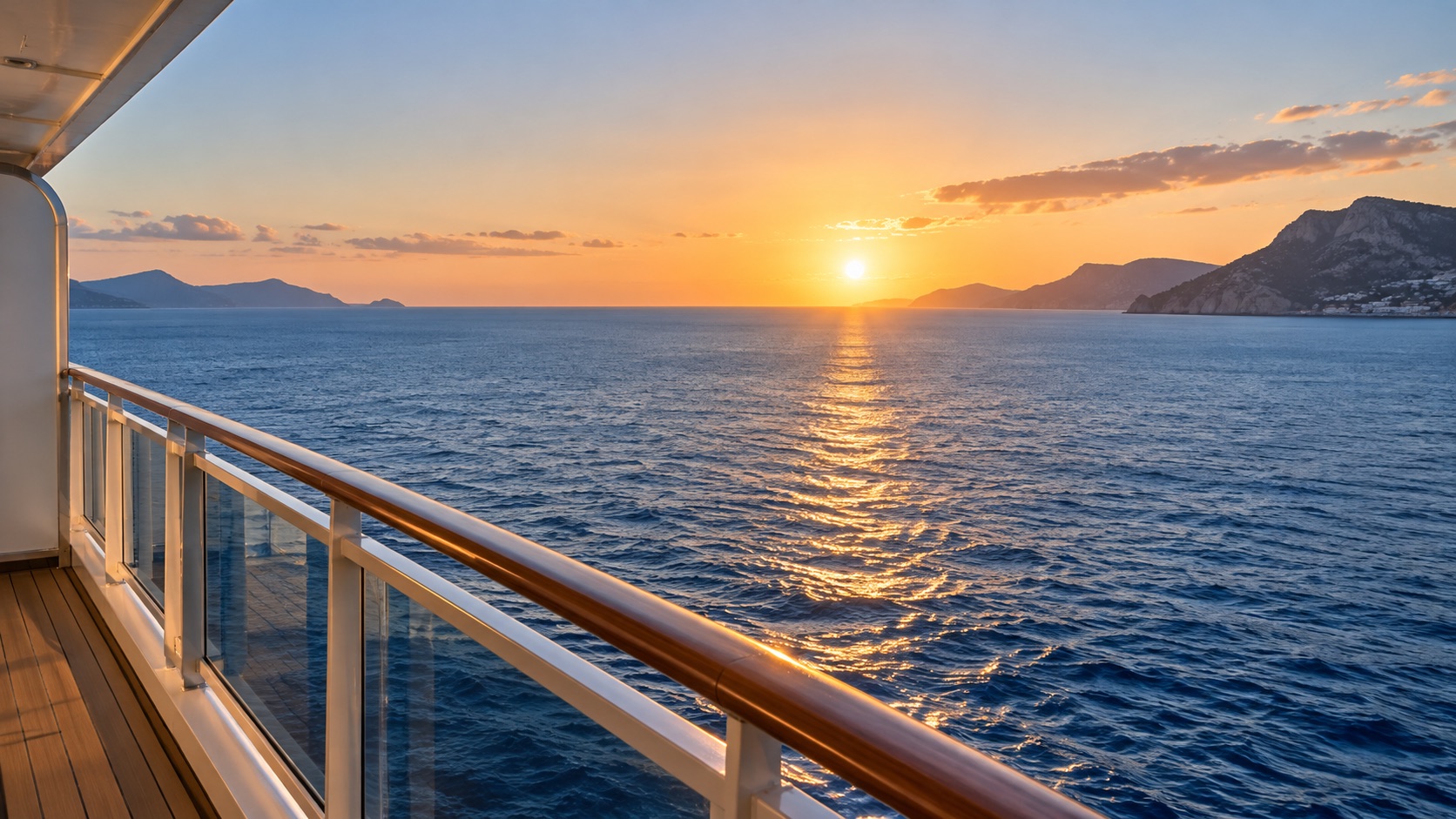 Ilustración de la vista al mar desde un balcón de crucero con luz cálida
