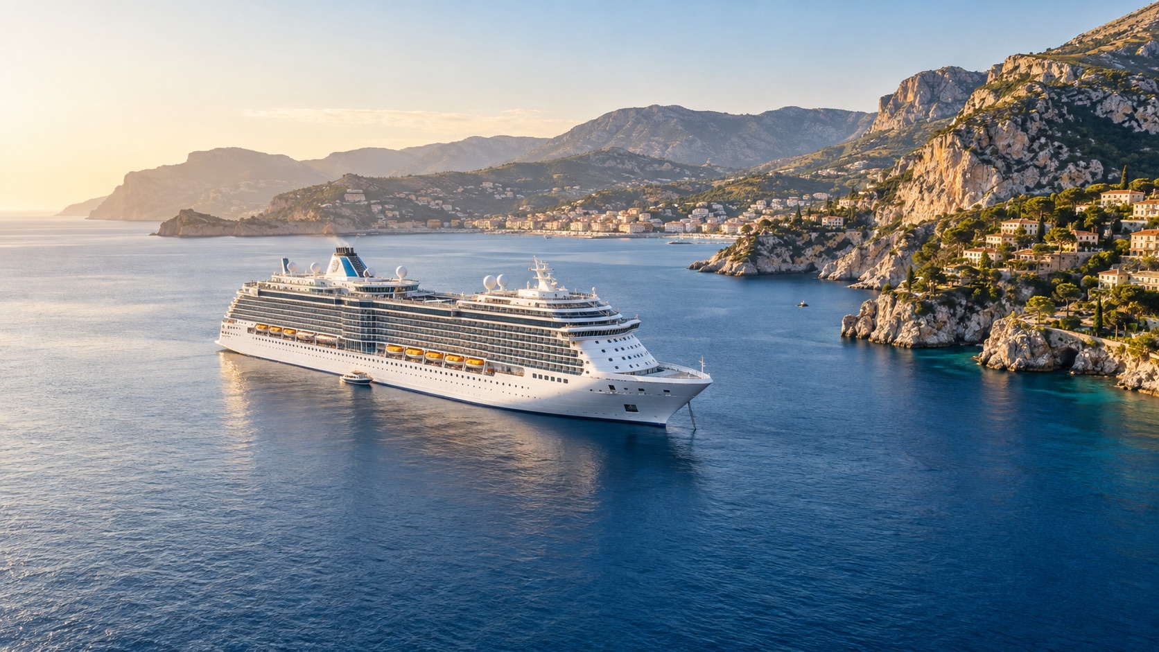 Ilustración de un crucero blanco frente a una costa mediterránea al amanecer