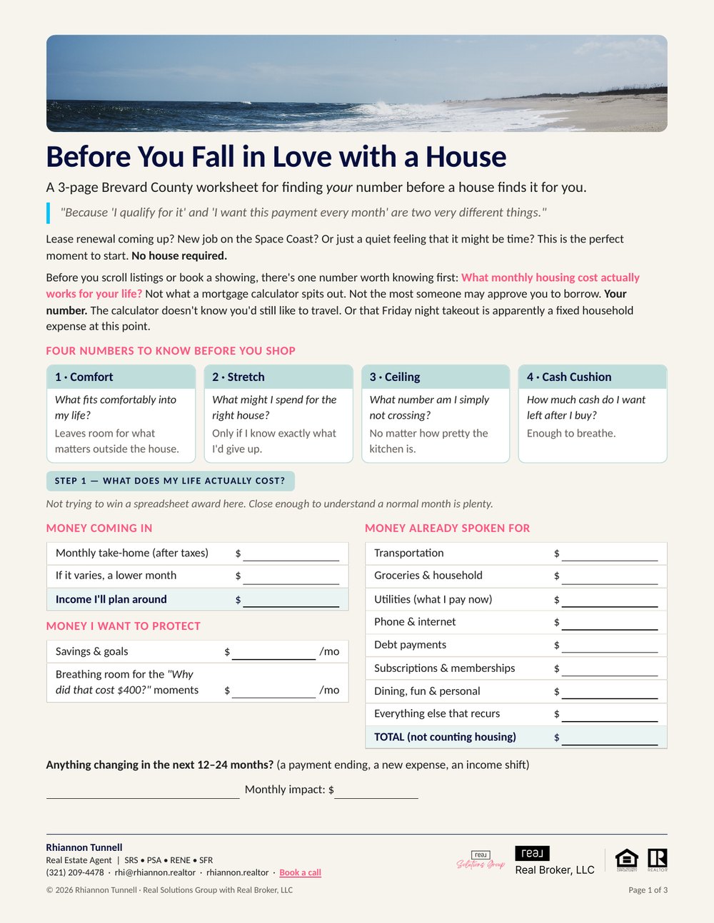 Cover page of the Before You Fall in Love with a House worksheet
