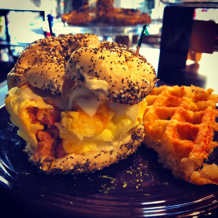 Bacon Egg and Cheese Sammich with Tater Tot Waffle at Brewed Awakening Royersford PA