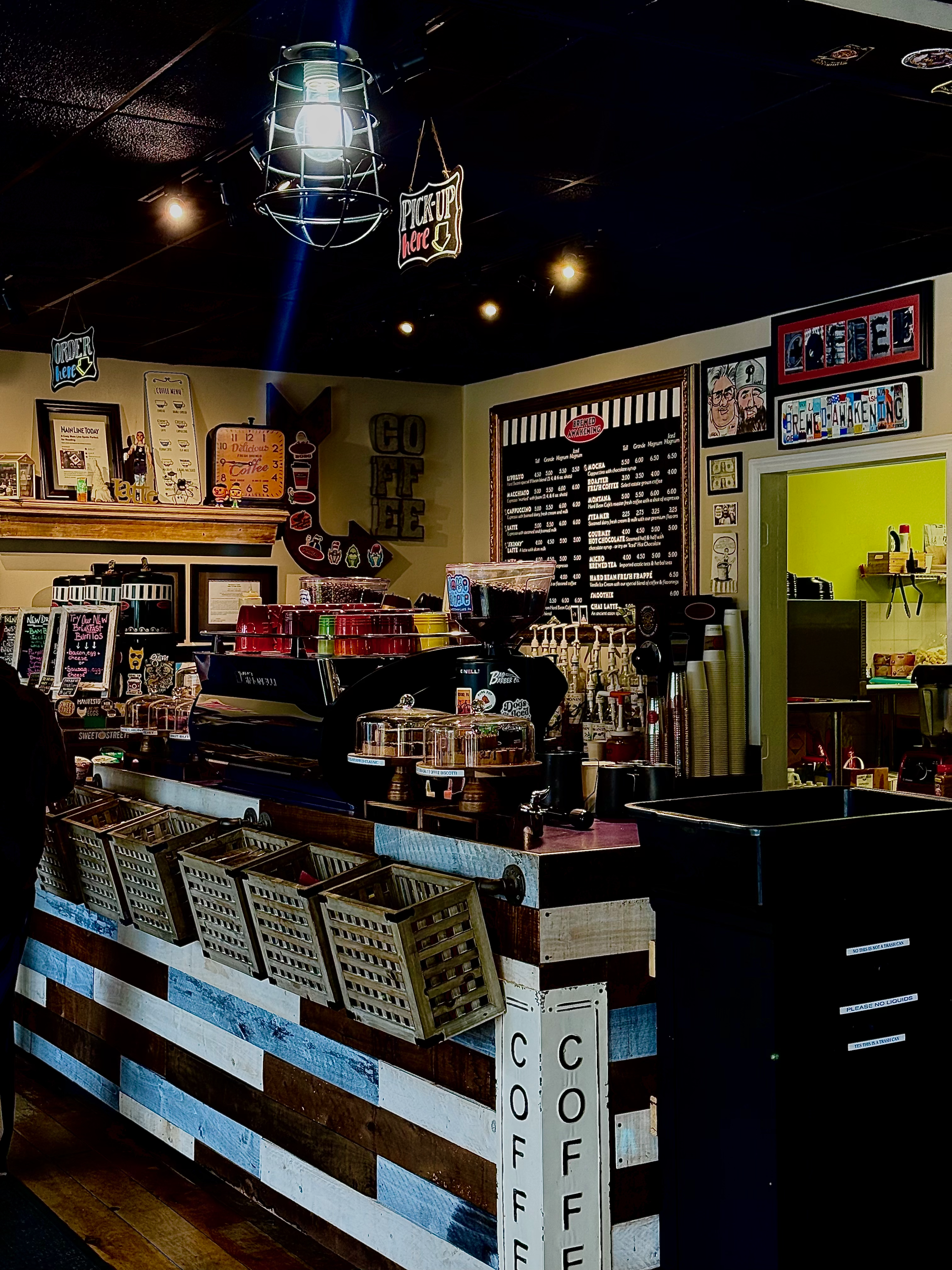 Bar and menu board at Brewed Awakening coffee shop Royersford PA