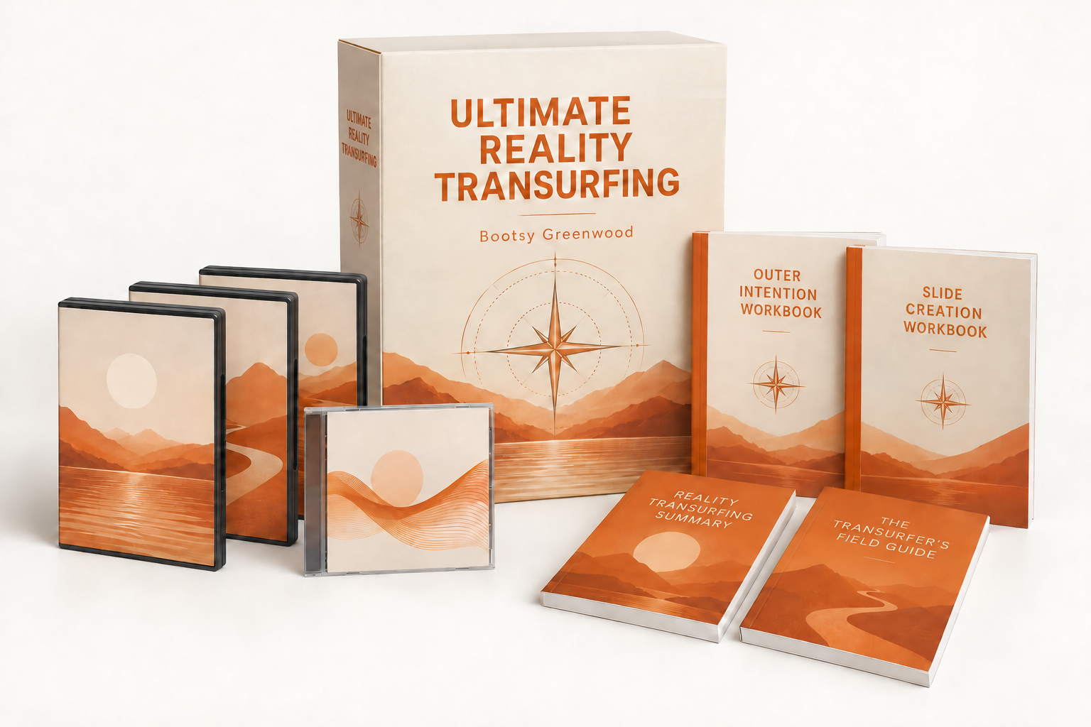 Ultimate Reality Transurfing shown as a classic course package: a box set representing the complete digital course - the video lessons, the guided Slide Meditation audio, the Outer Intention and Slide Creation workbooks, and the bonus ebooks Reality Transurfing Summary and The Transurfer's Field Guide. The course is digital; no physical package ships.