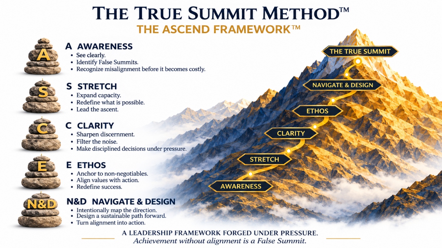 The True Summit Method: The ASCEND Framework. Awareness, Stretch, Clarity, Ethos, Navigate and Design, leading to The True Summit
