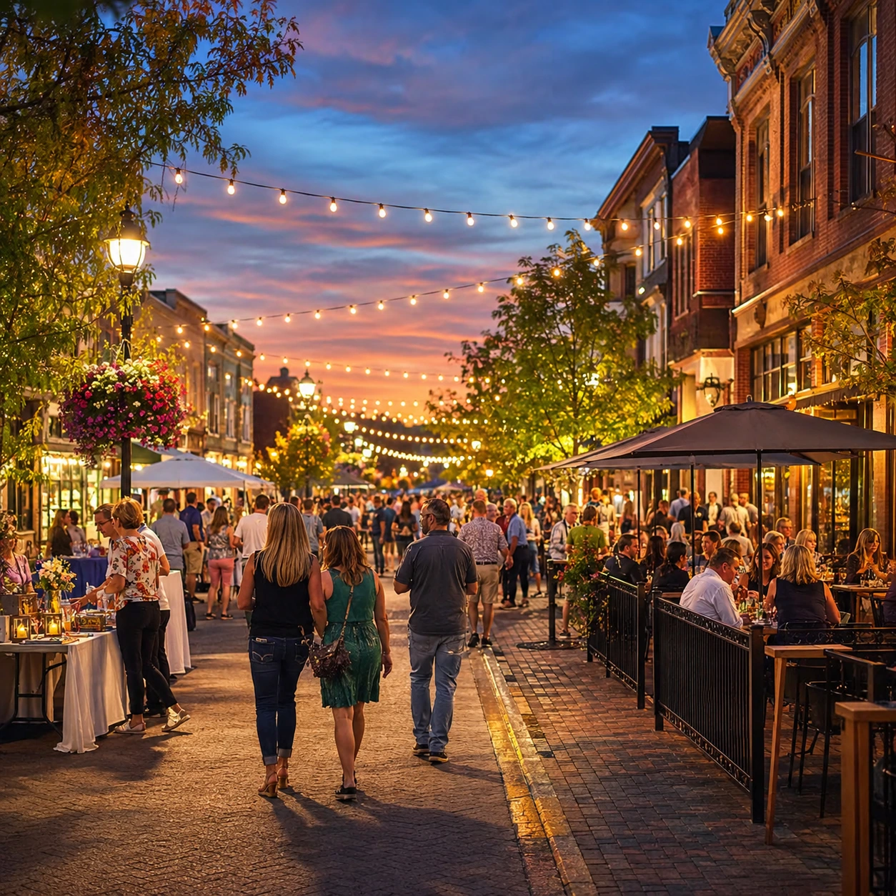 Festive downtown street event with string lights