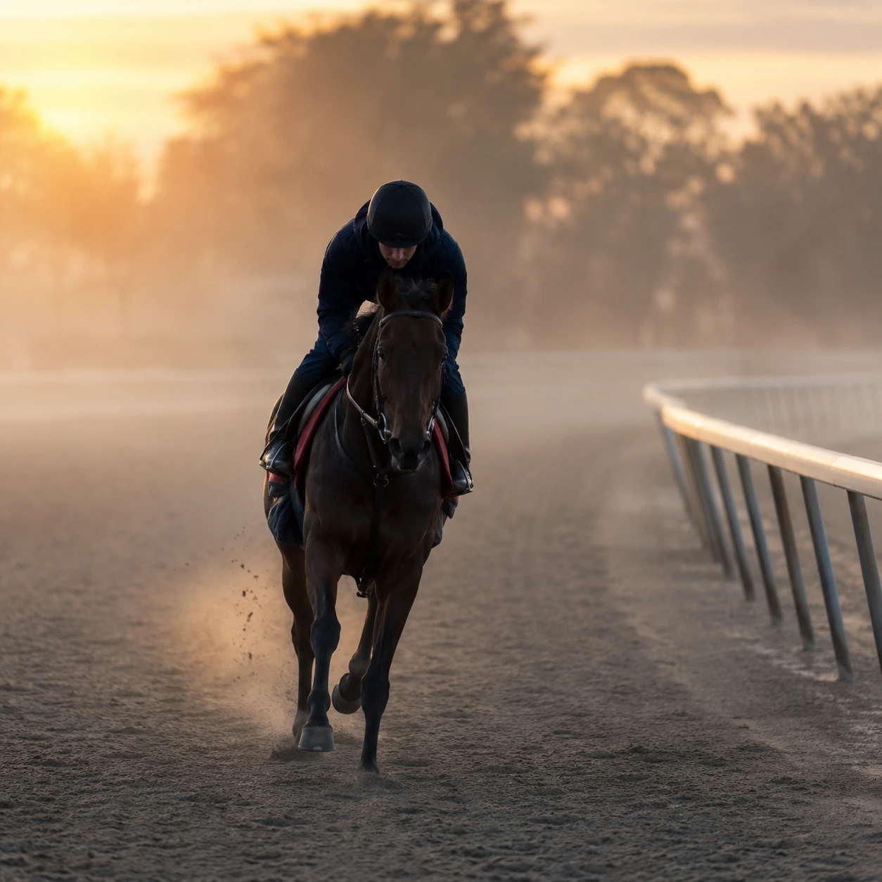 morning workout on an Aiken training track, mist rising