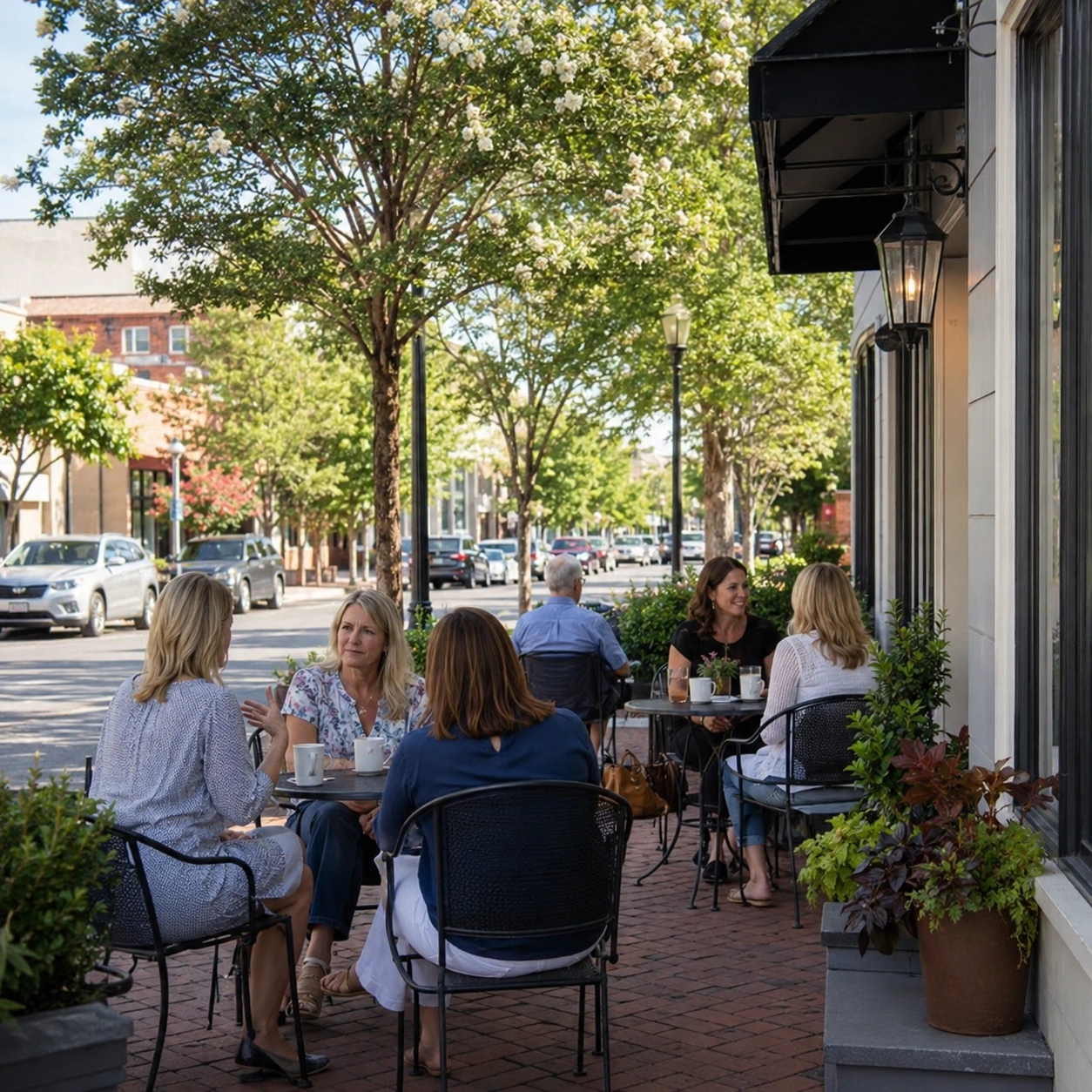downtown Aiken café patio, locals chatting over coffee