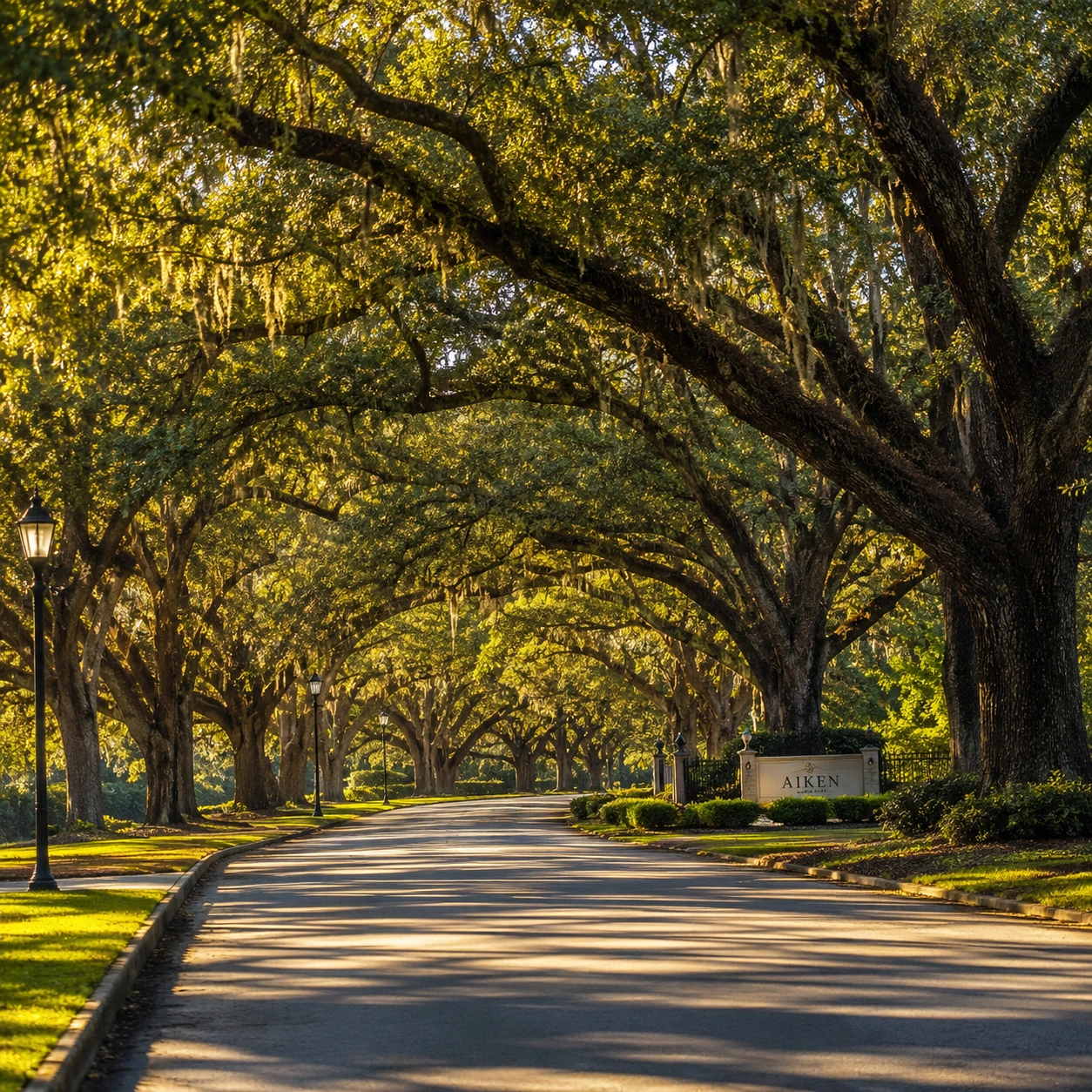 Tree-lined parkway in downtown Aiken SC at golden hour