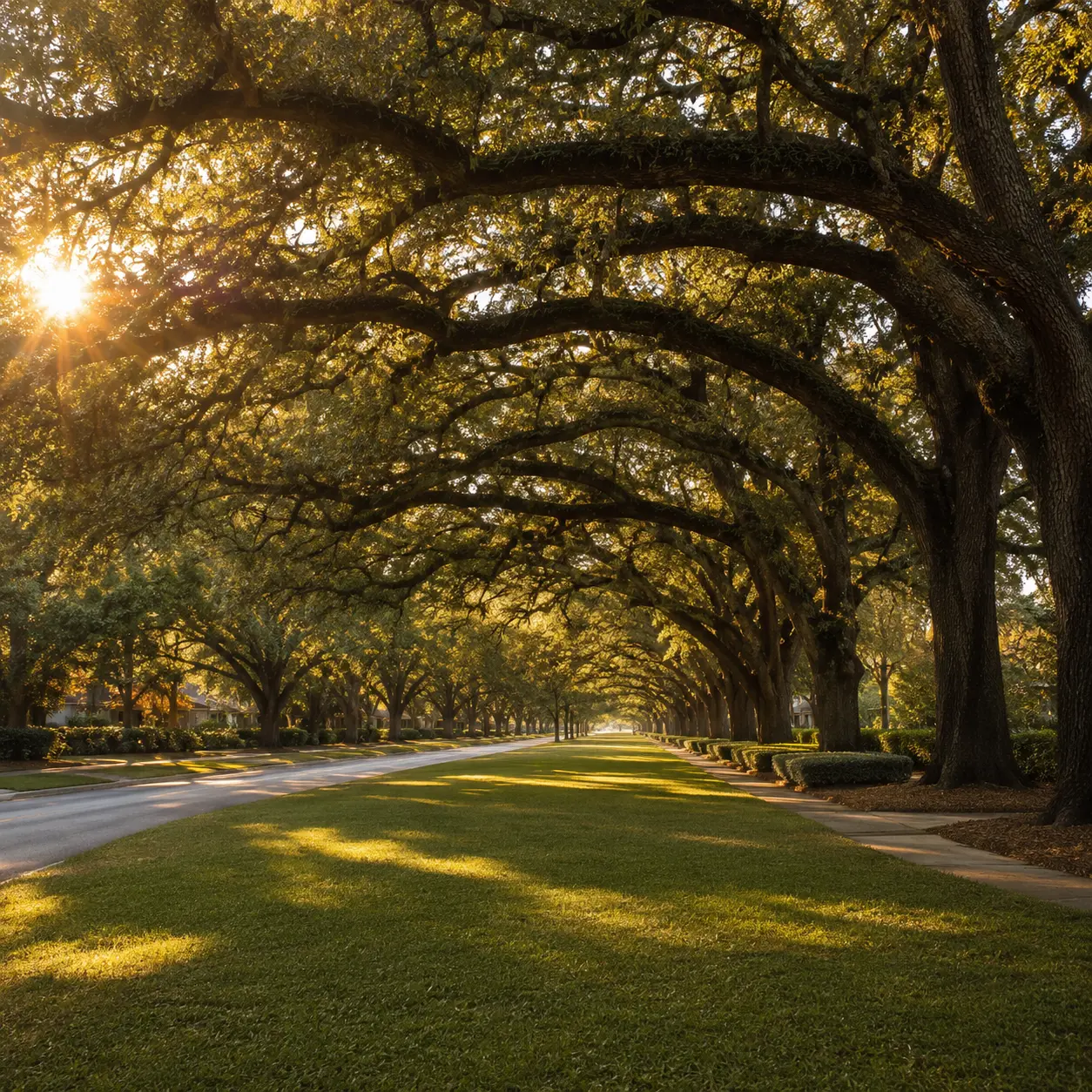 Golden-hour photo of a wide, tree-canopied Aiken parkway