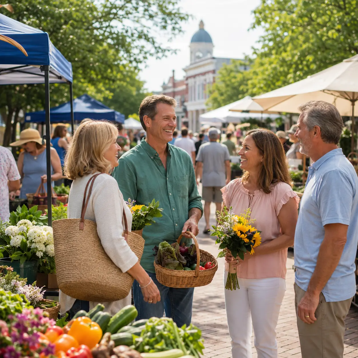 Smiling neighbors chatting at the Aiken farmers market or a lively downtown festival