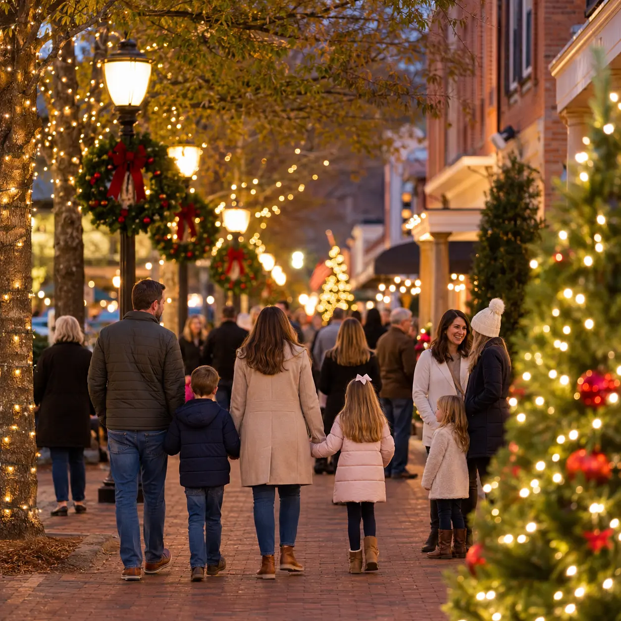 Families at an Aiken park, splash pad, or downtown holiday event