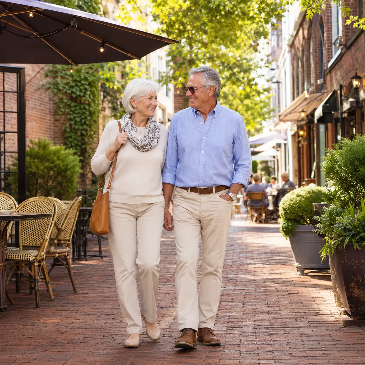 Active retirees on a golf course, garden tour, or walking The Alley downtown