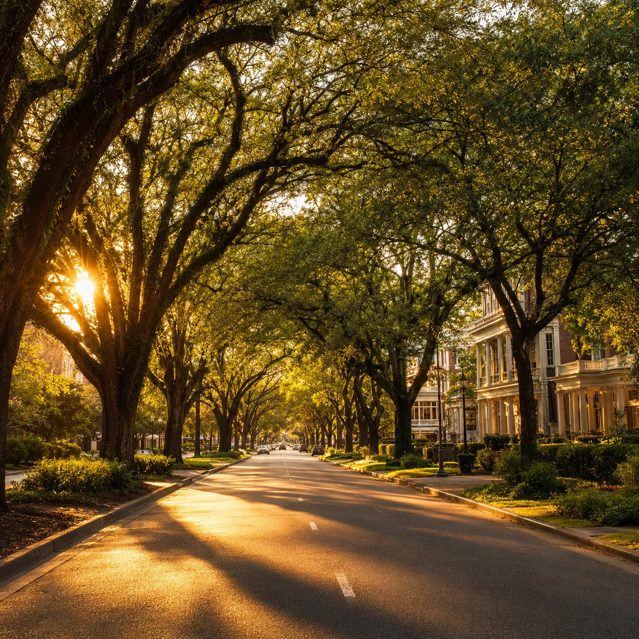 A wide golden-hour shot of downtown Aiken's tree-canopied parkway streets.