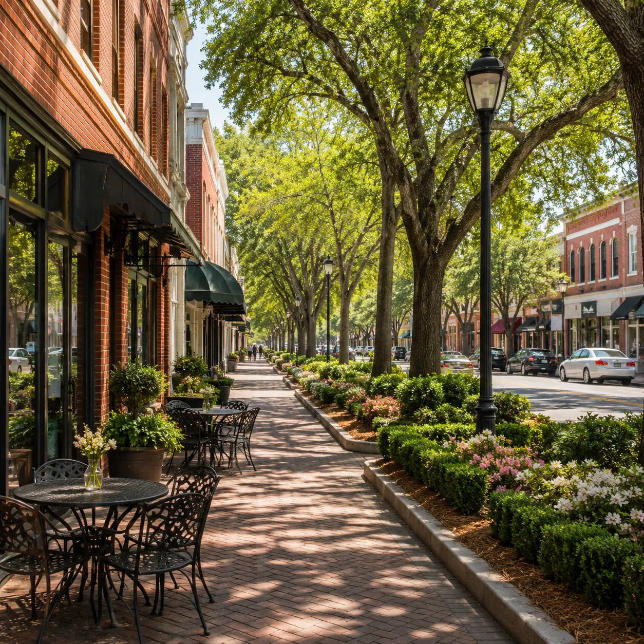 Charming downtown Aiken streetscape with brick storefronts, cafe tables, and a tree-lined parkway median.