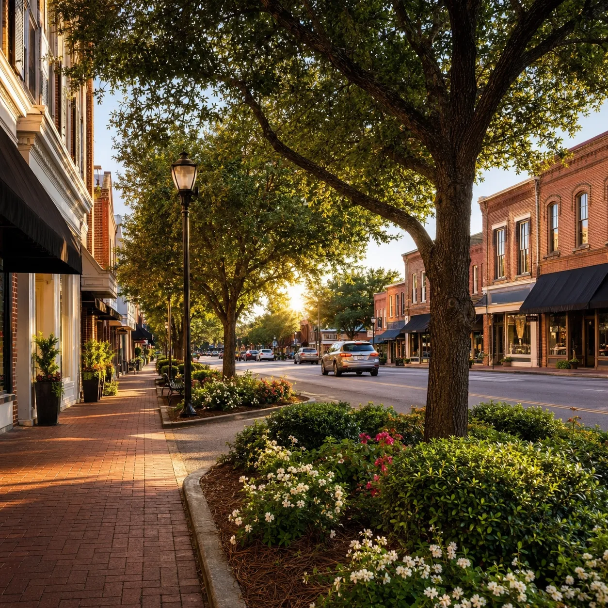 A sunlit downtown Aiken street with brick storefronts and a tree-lined median at golden hour.