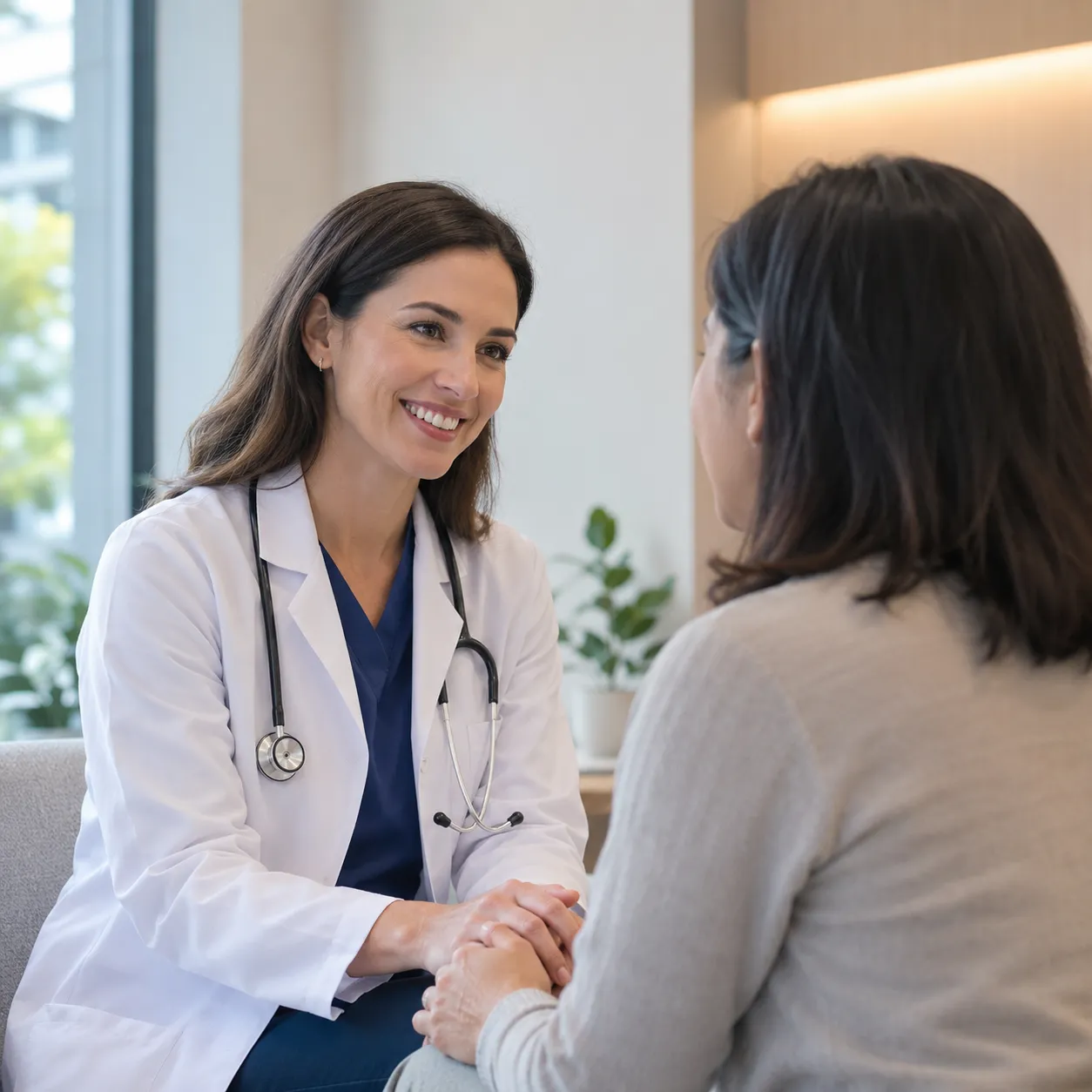 Clean, reassuring shot of a modern medical campus entrance or a friendly clinician with a patient.