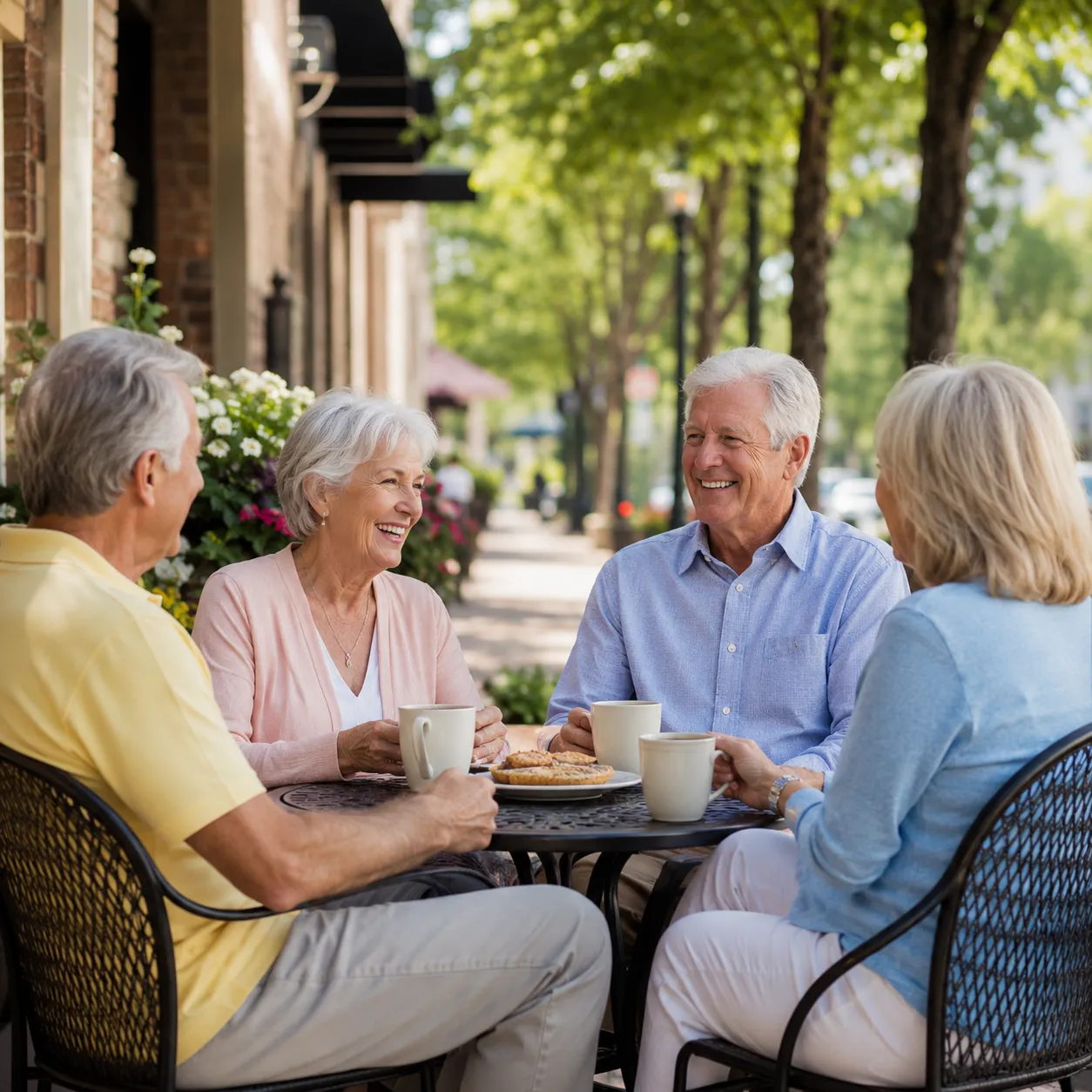 Friendly candid of retirees chatting outside a downtown café or on a shaded bench in a parkway median.