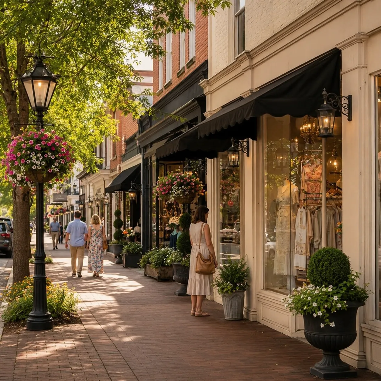 Warm streetscape of downtown Aiken with storefronts, hanging flower baskets, and people window-shopping.