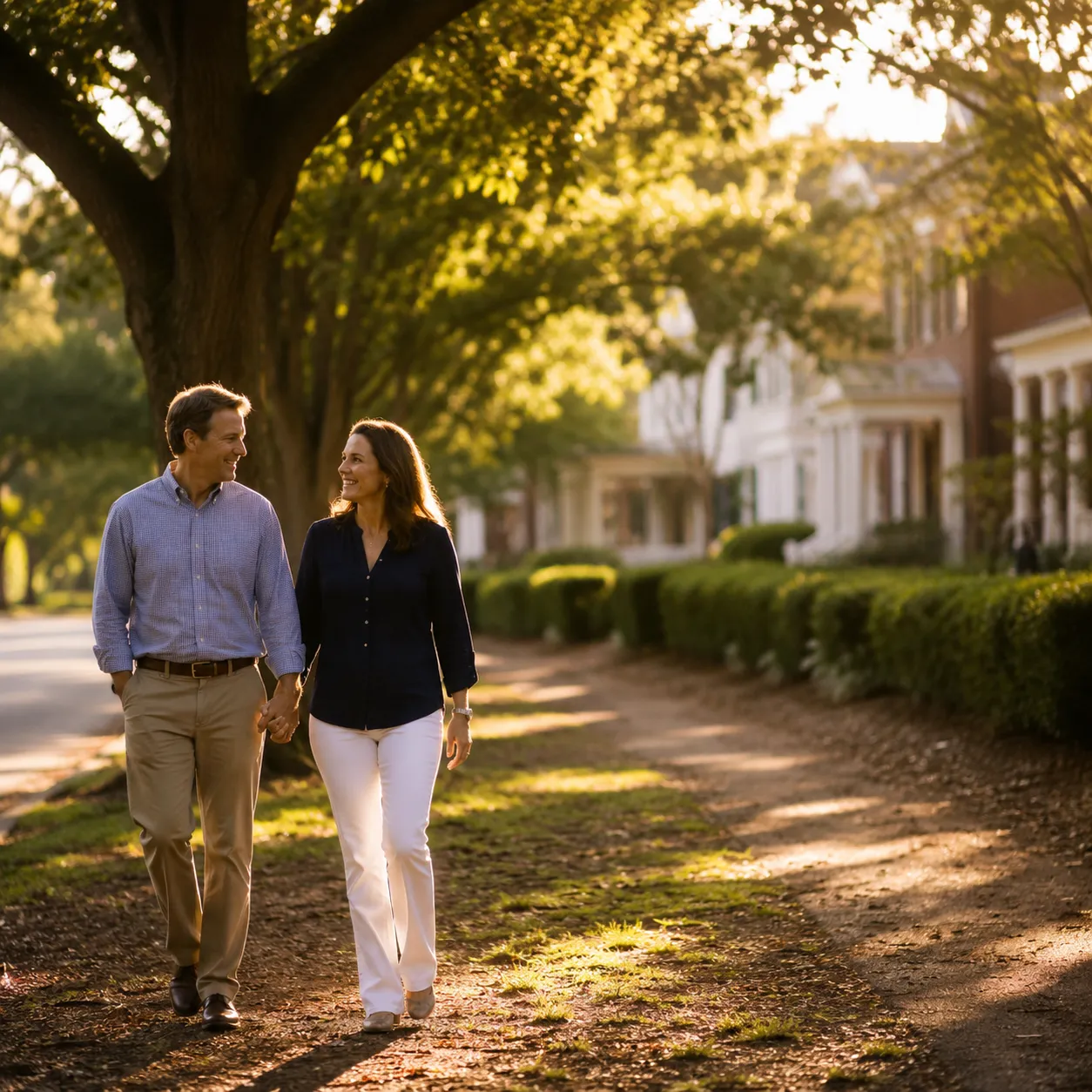 Golden-hour photo of a tree-lined Aiken parkway with a couple walking, dappled light, and historic homes in soft focus.