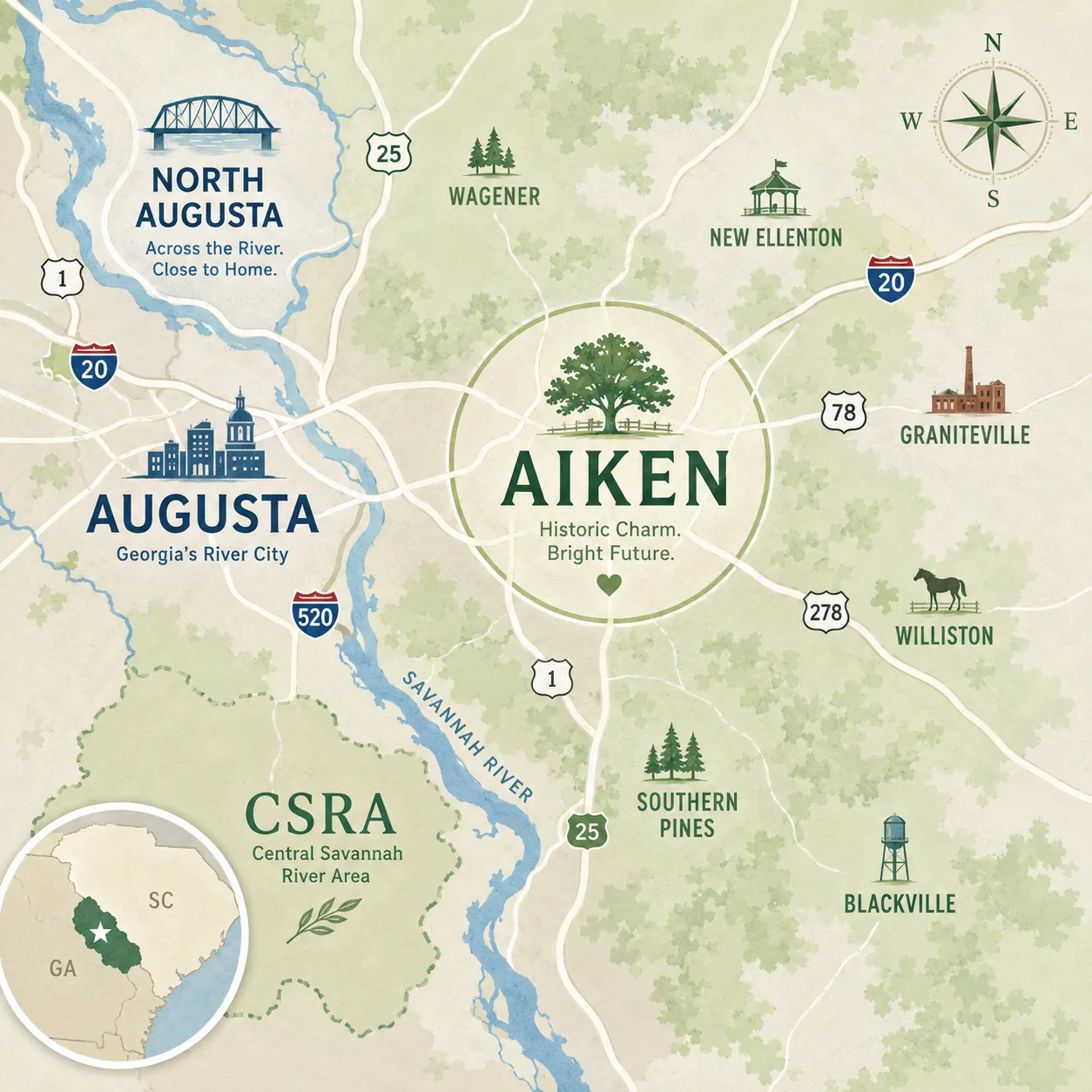 A friendly map-style graphic showing Aiken at center with North Augusta, Augusta, and the CSRA nearby.