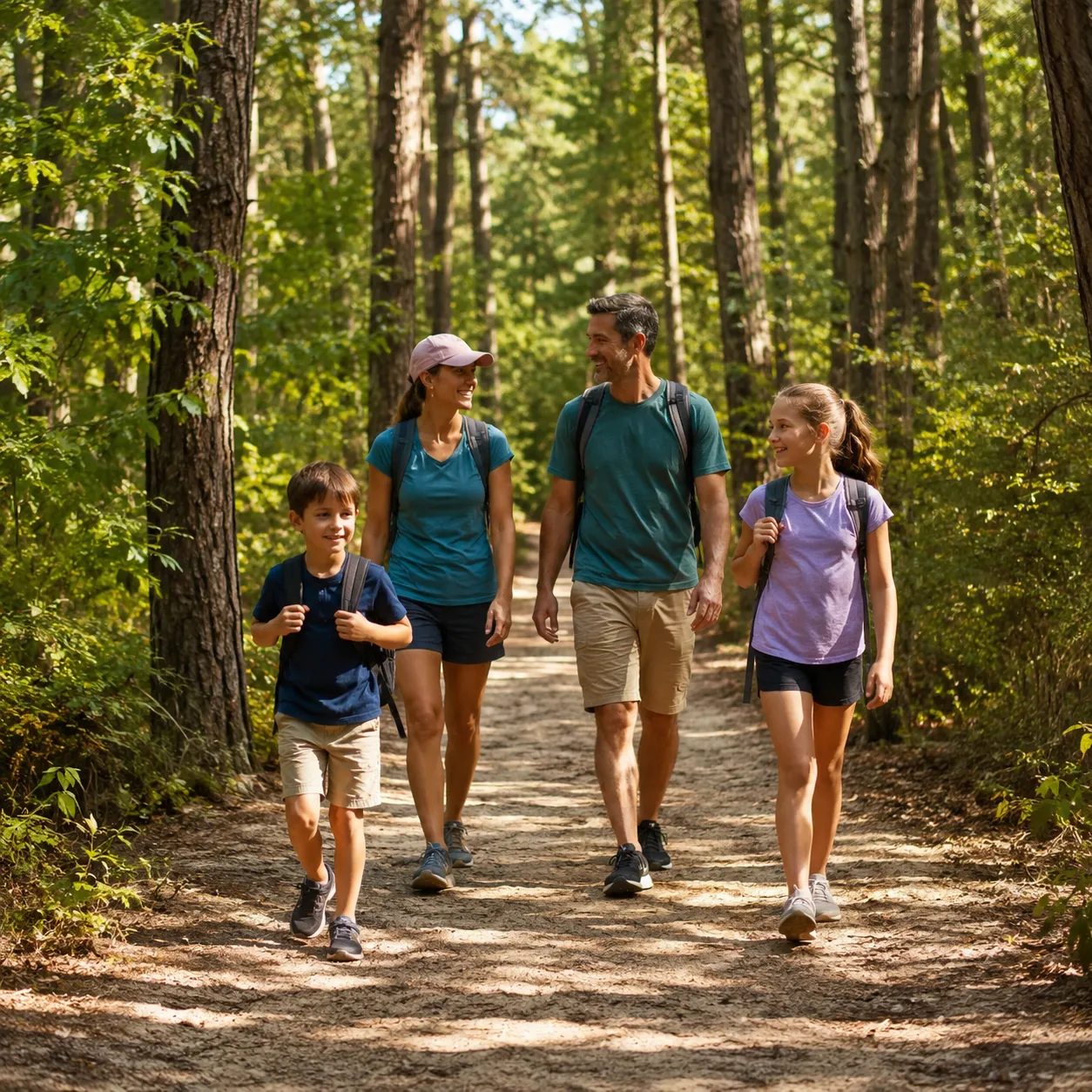 A sandy Hitchcock Woods trail under tall pines, with a family hiking — dappled light, peaceful and green.