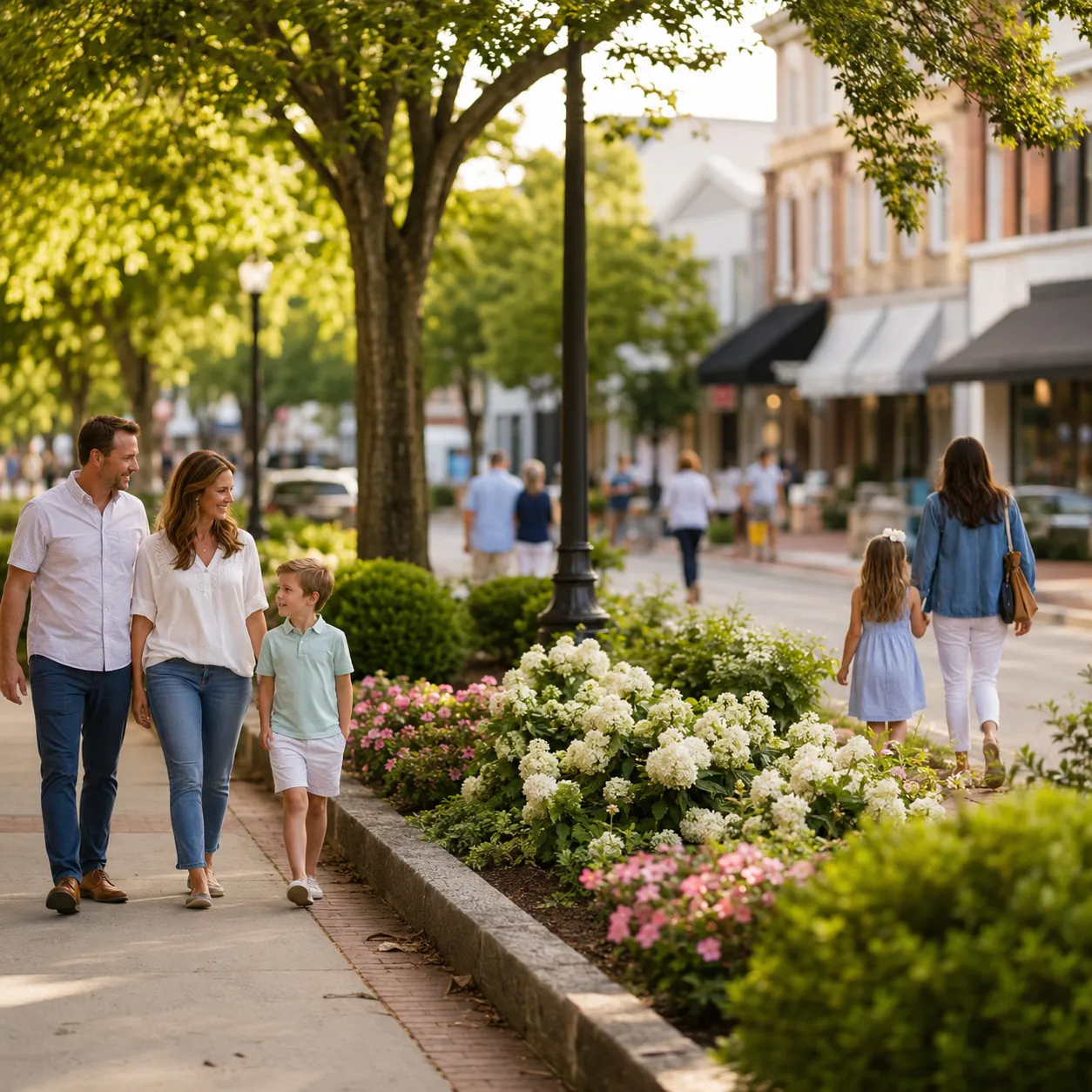 Downtown Aiken's wide, garden-median parkways with families strolling and shopfronts in soft focus.
