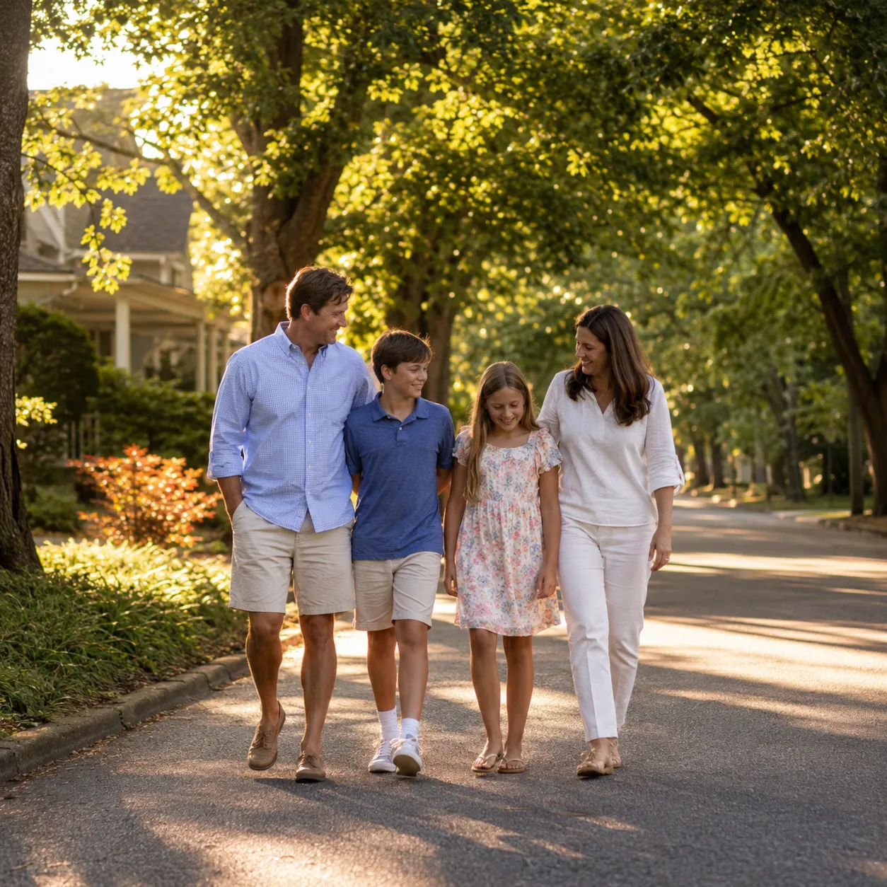 A warm, candid photo of a family walking or biking down one of Aiken's shaded, tree-lined streets — soft golden-hour light.