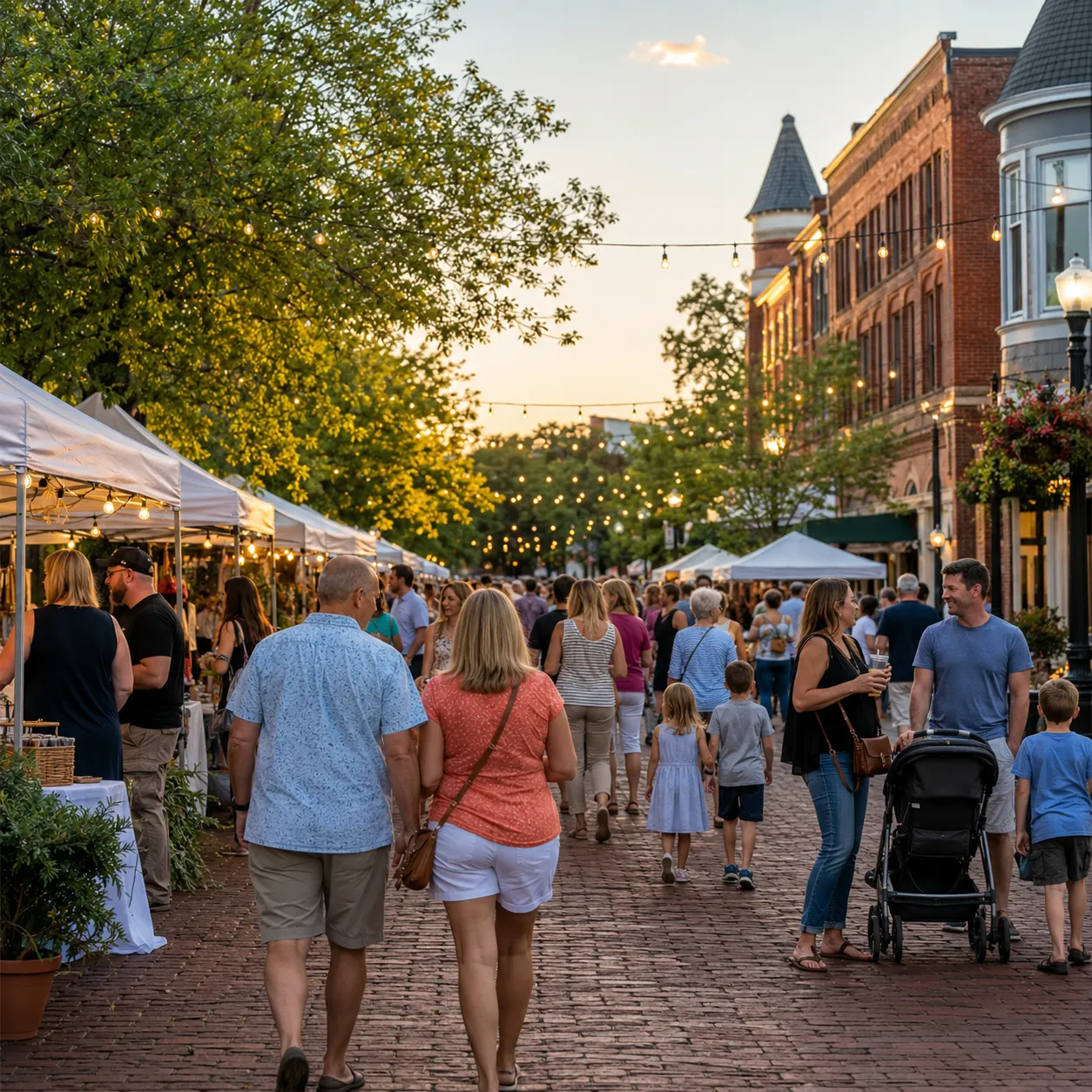 A lively downtown Aiken community event or farmers market — families browsing stalls, string lights, warm crowd energy.