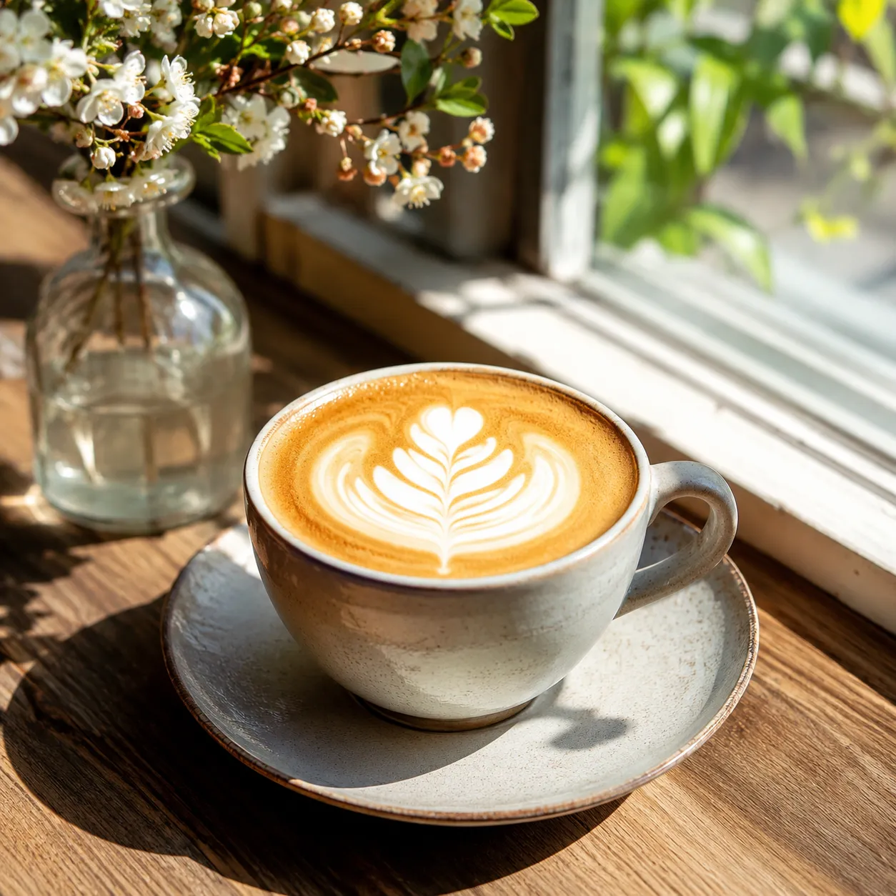 Latte art on a café table by a sunny window, or an outdoor dinner table downtown