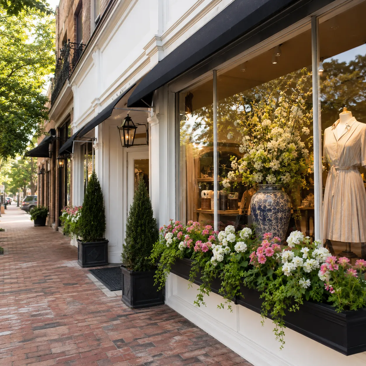 Charming boutique storefront on Laurens Street with window displays and flower boxes
