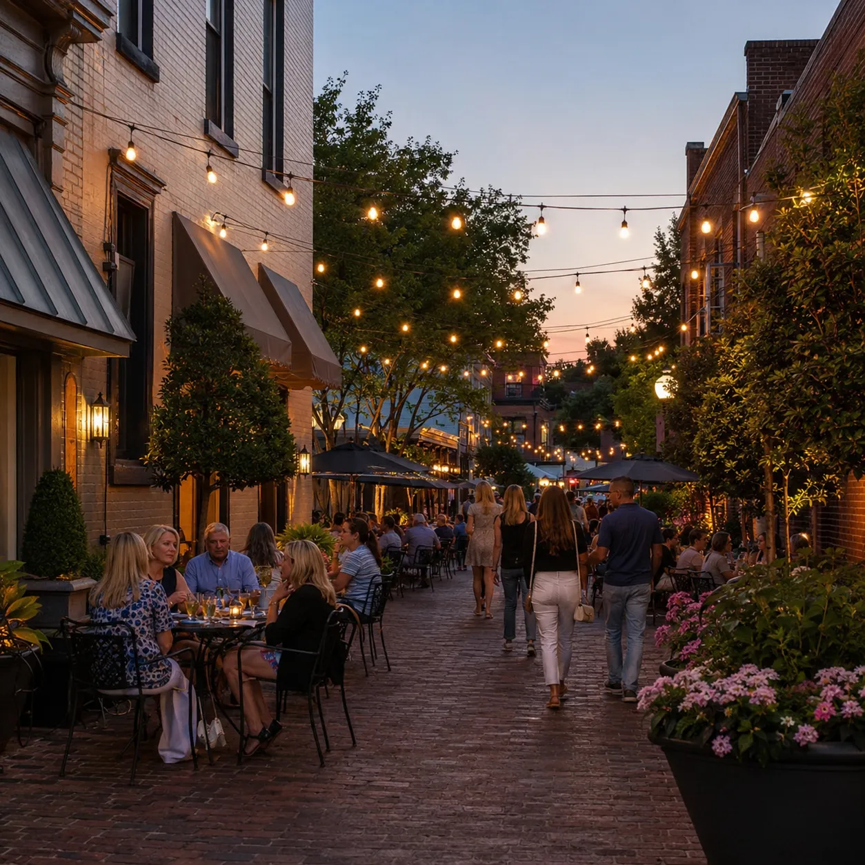 The Alley in downtown Aiken with string lights at dusk, people dining outdoors