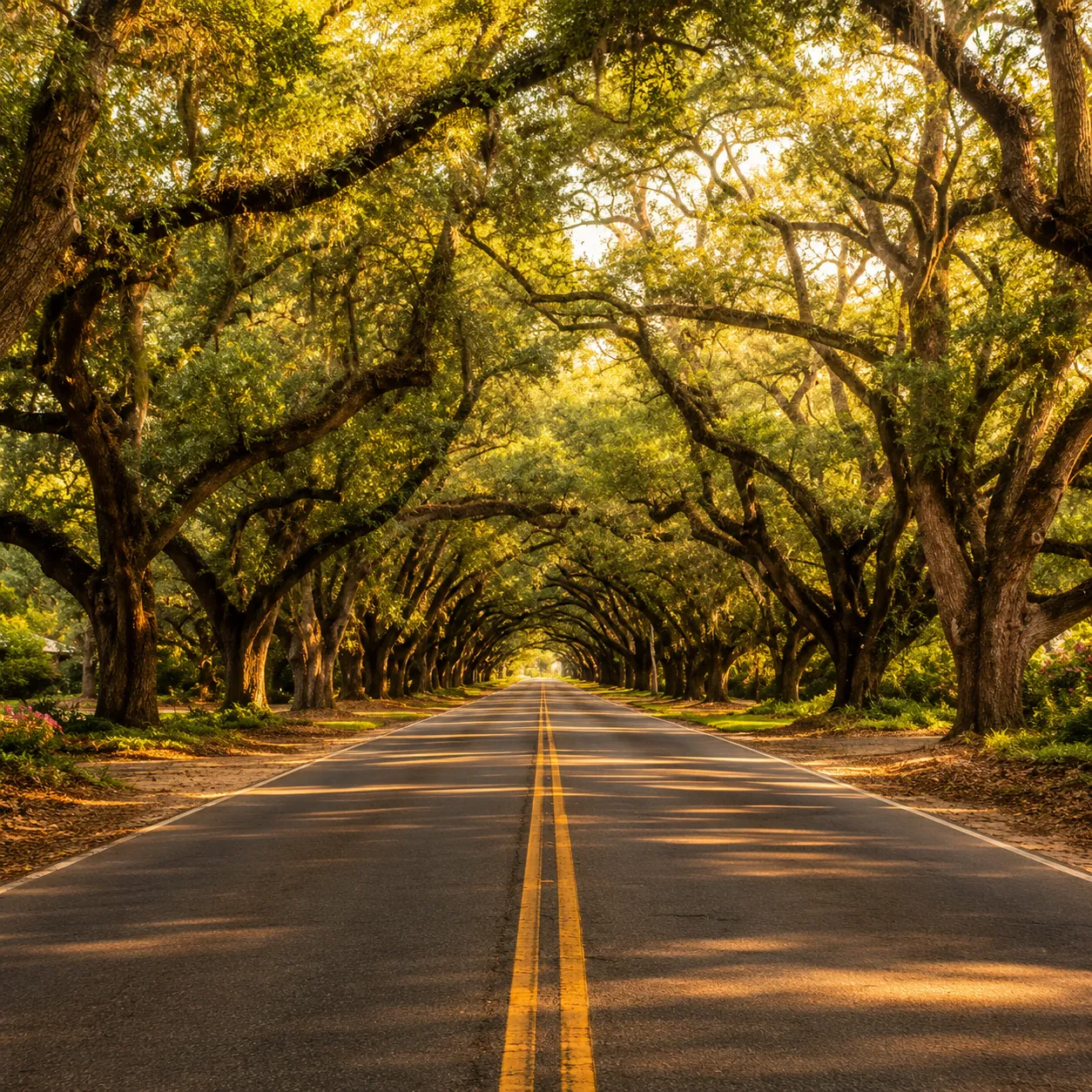 Wide shot of Laurens Street or South Boundary Avenue's live oak canopy in golden afternoon light