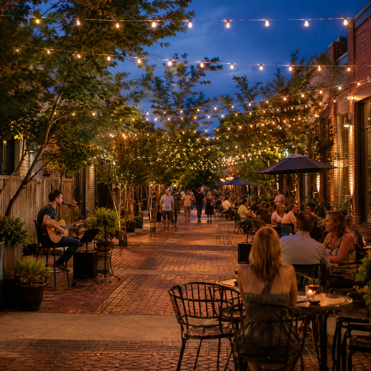 The Alley at dusk with string lights overhead, patio tables, and a small crowd enjoying live music in an open-air setting.