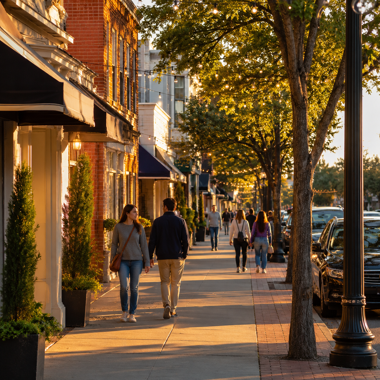 Wide shot of Laurens Street downtown with shade trees, brick storefronts, string lights, and people strolling on a golden-hour afternoon.