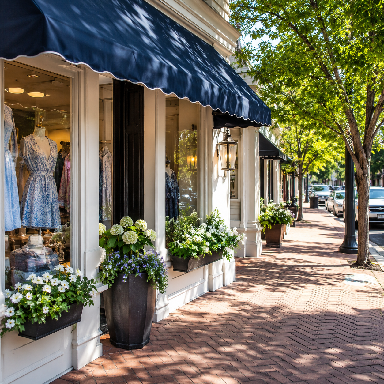 A pretty boutique storefront on Laurens Street with a window display, awning, flowers, and a brick sidewalk.