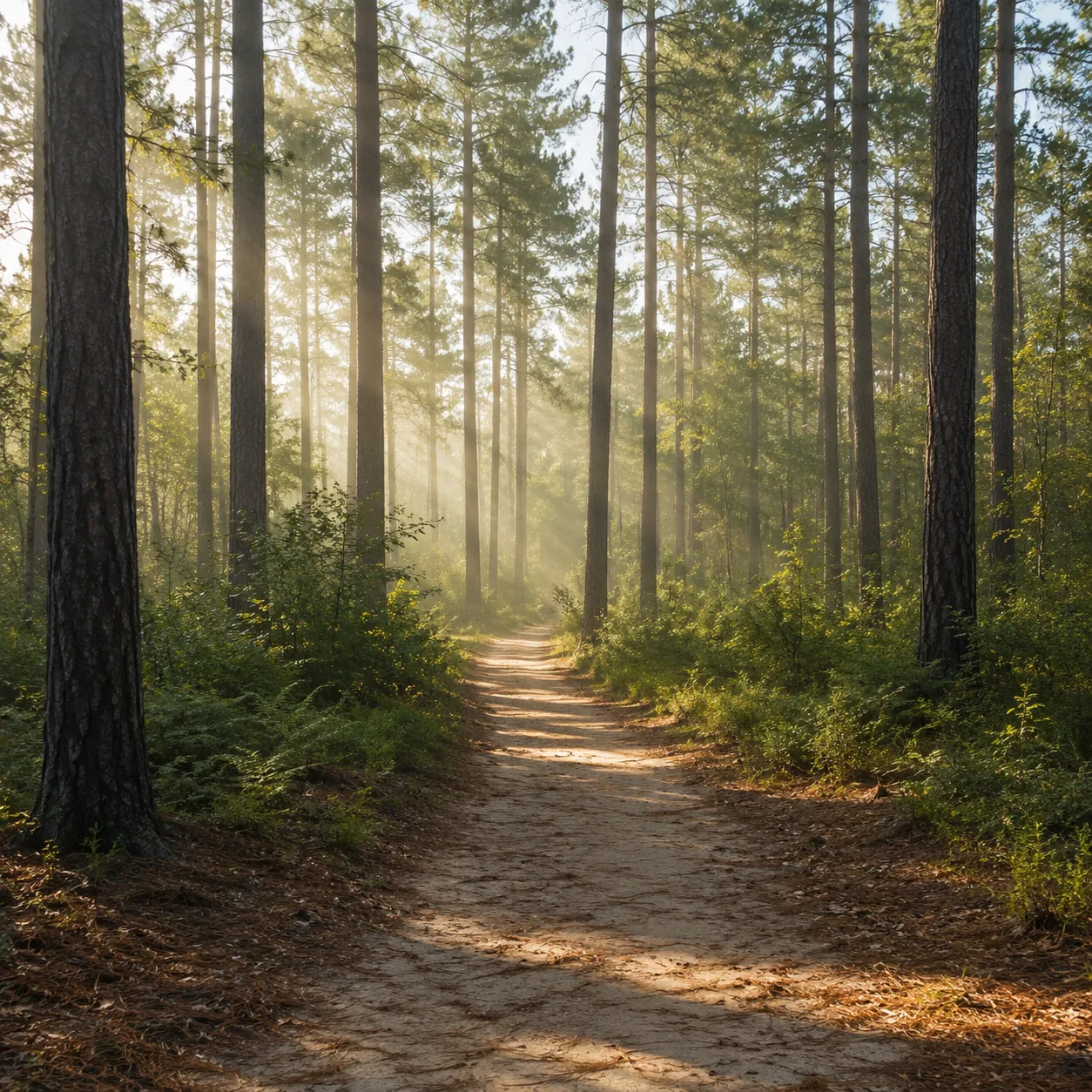 Wide morning shot of a sandy, pine-lined trail in Hitchcock Woods with soft, dappled light filtering through the canopy.