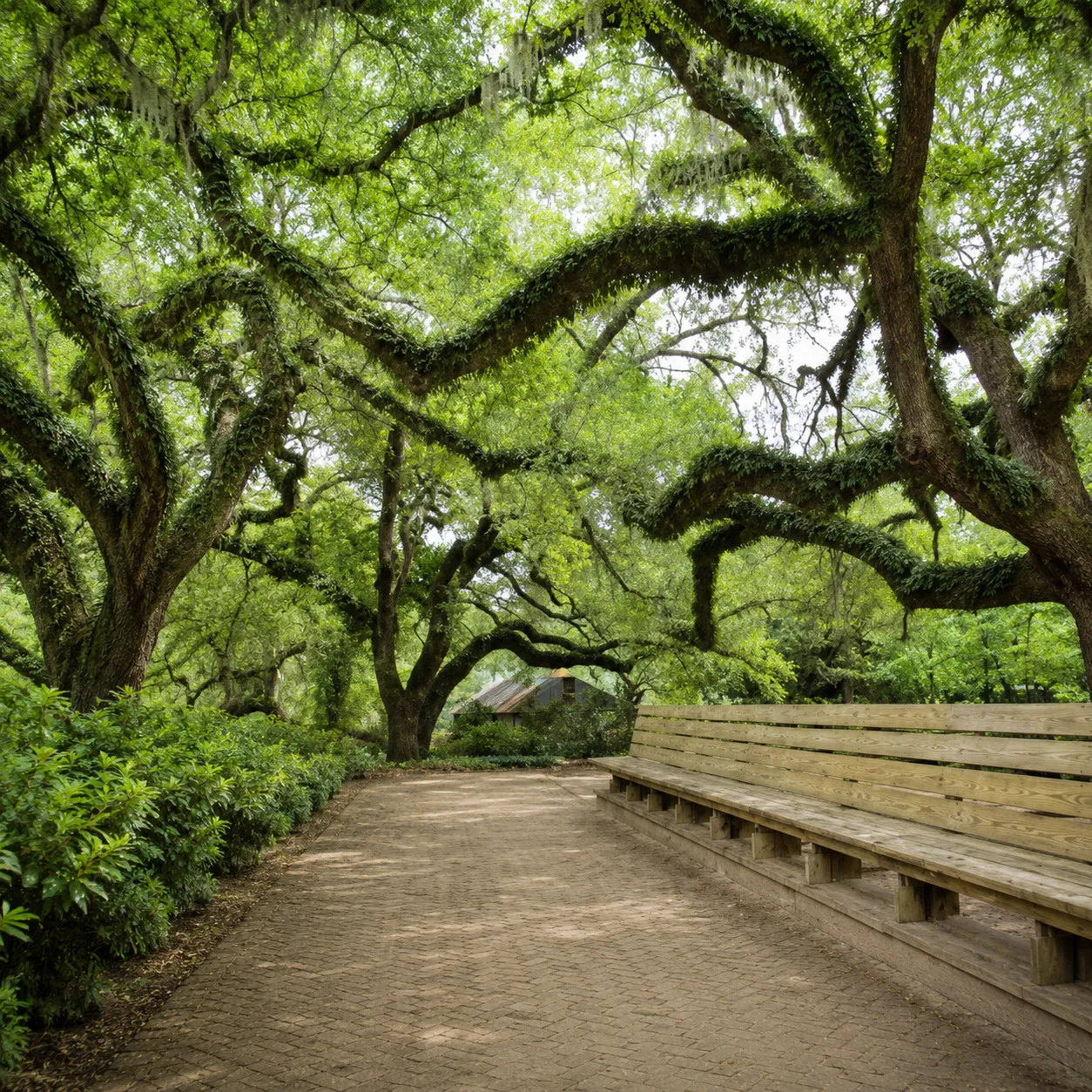 The oak allée at Hopelands — a paved path beneath a tunnel of Spanish-moss-draped live oaks, soft green light all around.