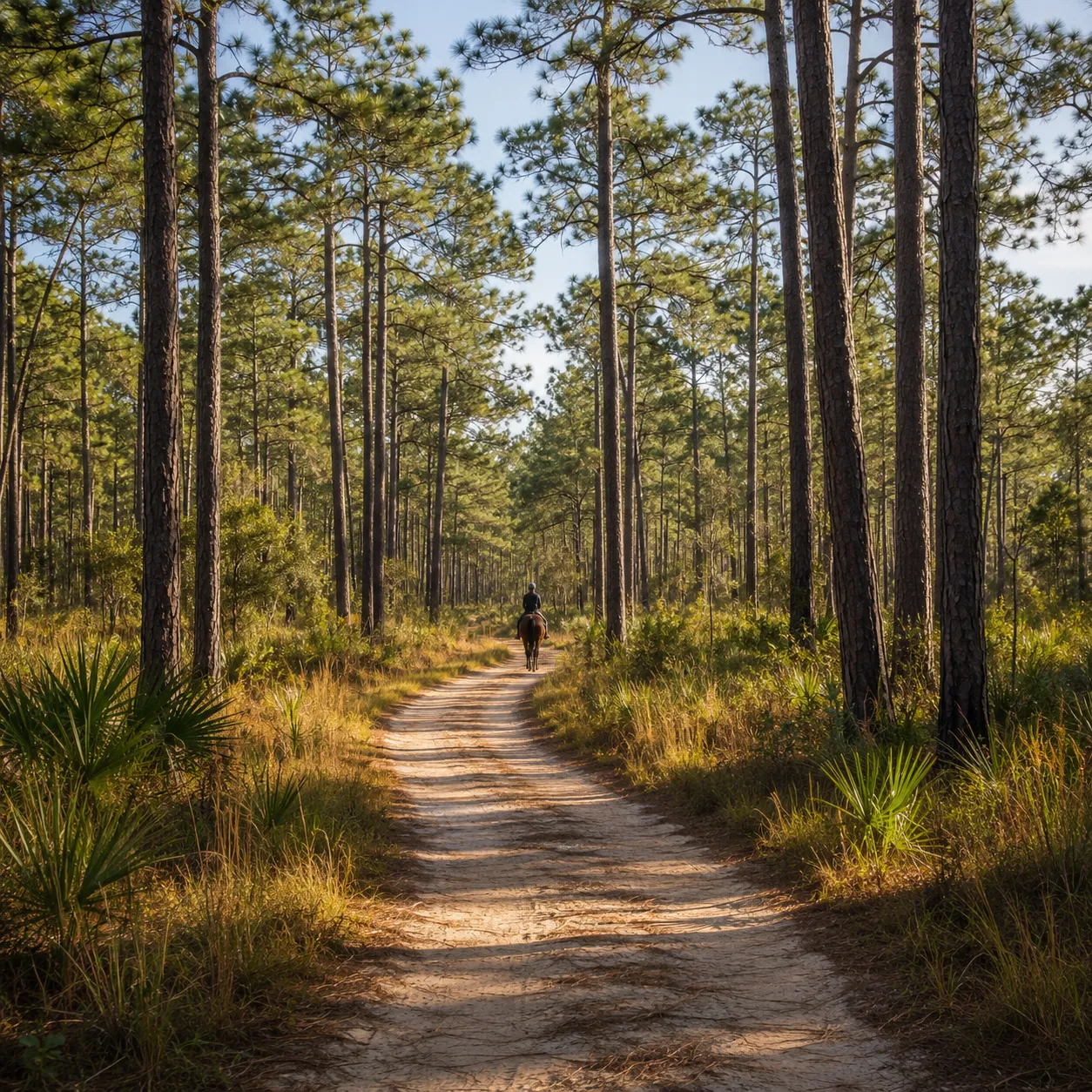 A sandy bridle path curving through tall longleaf pines, a horseback rider small in the distance and dappled sun on the trail.