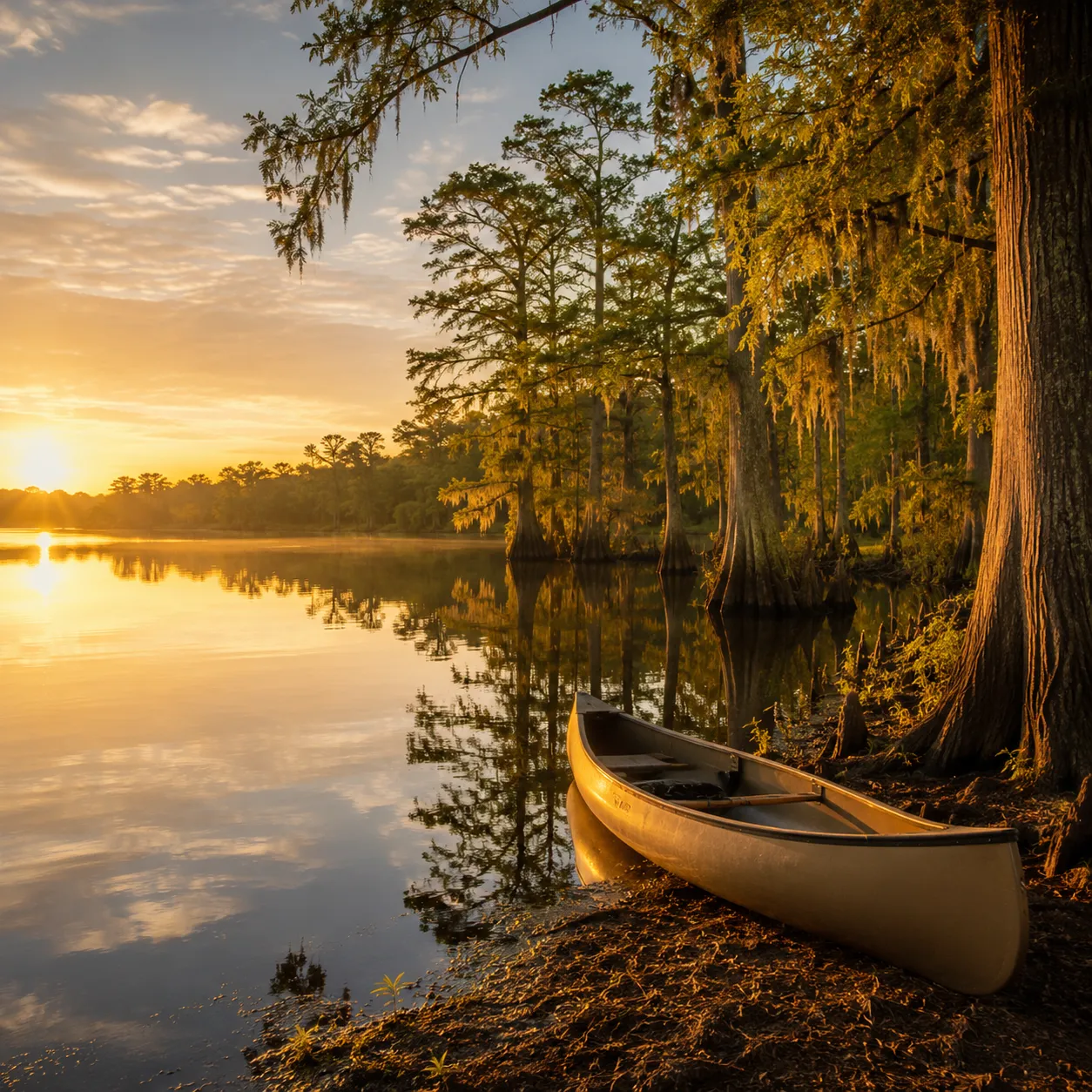 A calm spring-fed lake at golden hour, cypress trees mirrored in still water, a single canoe drawn up on the bank.