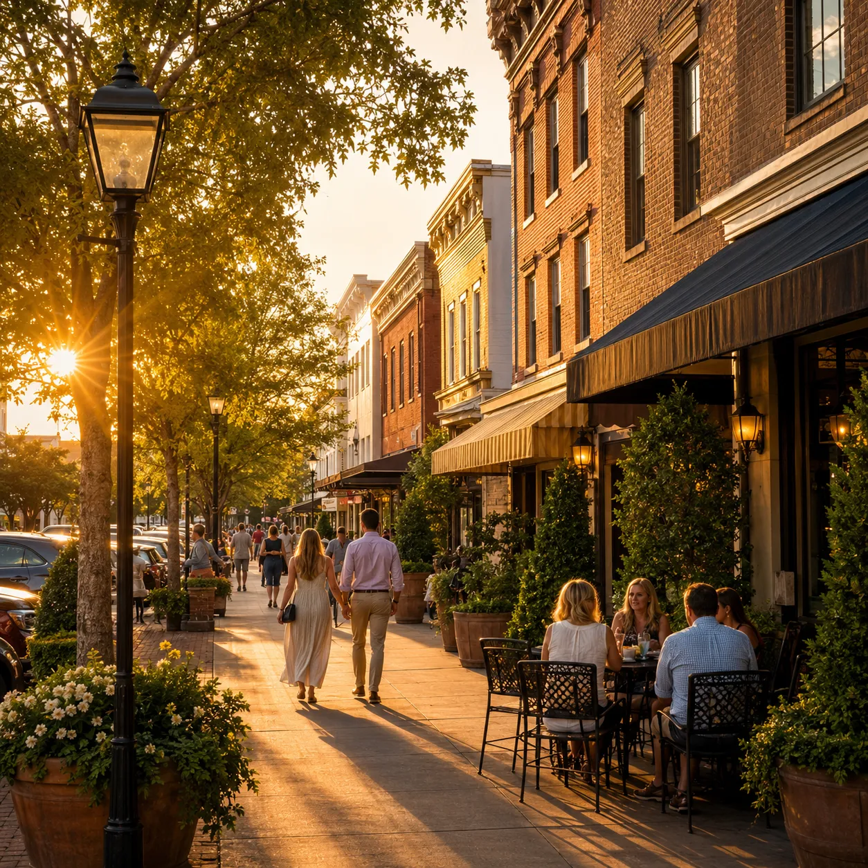 Streetscape of downtown Aiken at golden hour with restaurant awnings, outdoor café seating, and people strolling Laurens Street.