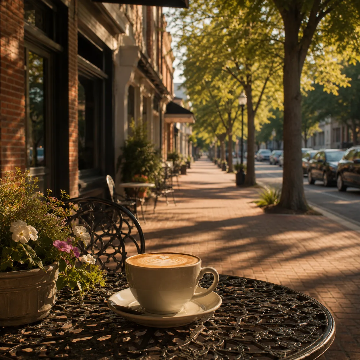 A warm, sunlit shot of a downtown Aiken café patio with a latte on a small table, brick storefronts, and a tree-lined Laurens Street in the background.