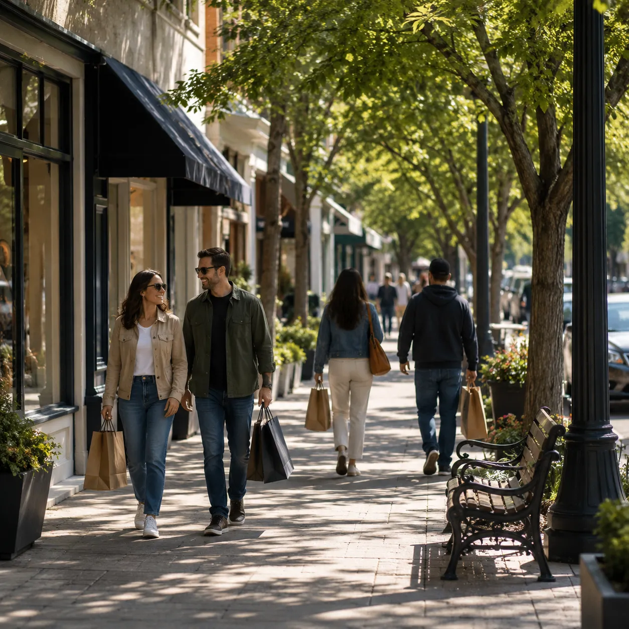 Shoppers strolling a shaded sidewalk with bags, storefronts and bench seating behind them.
