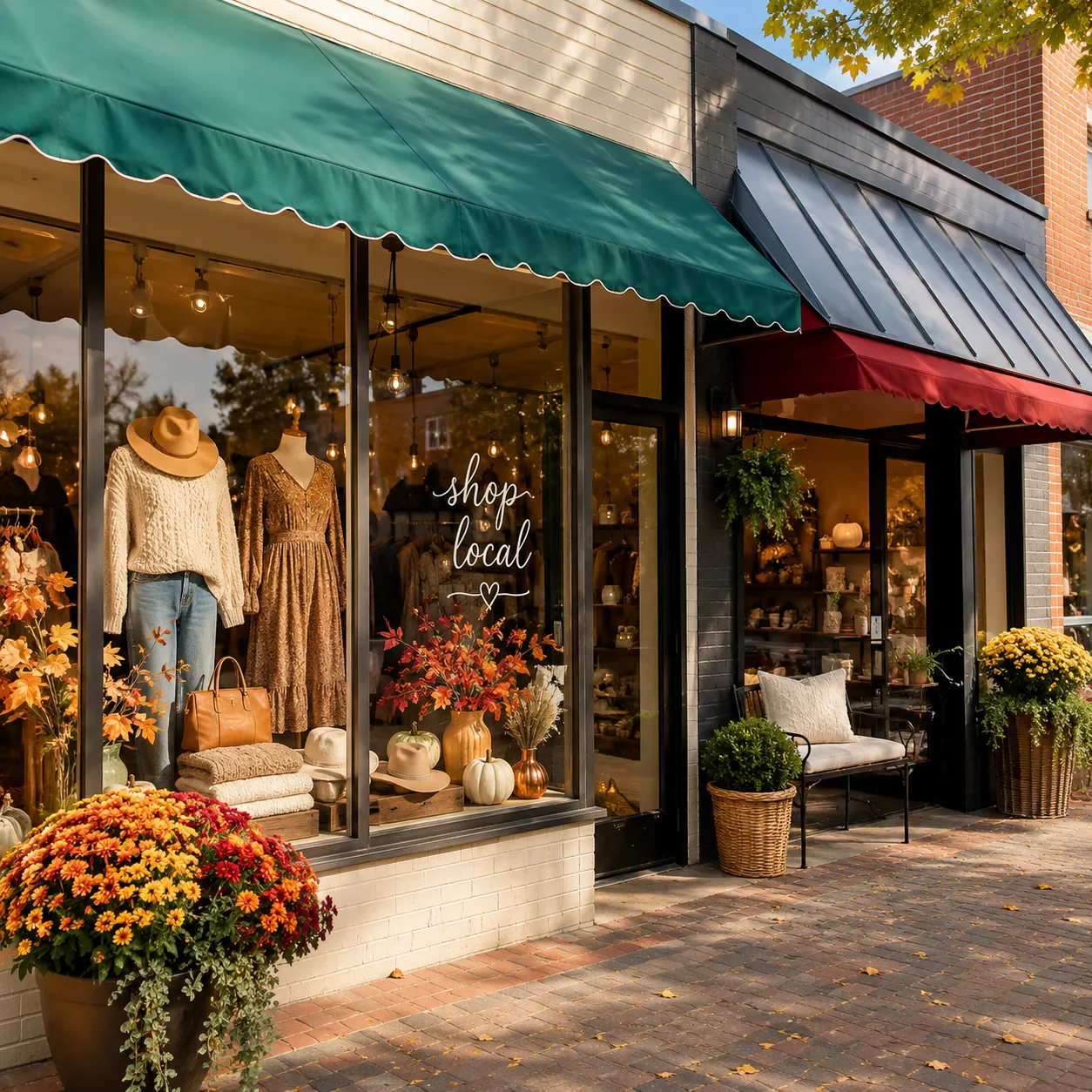 Curated boutique window downtown with seasonal styling.