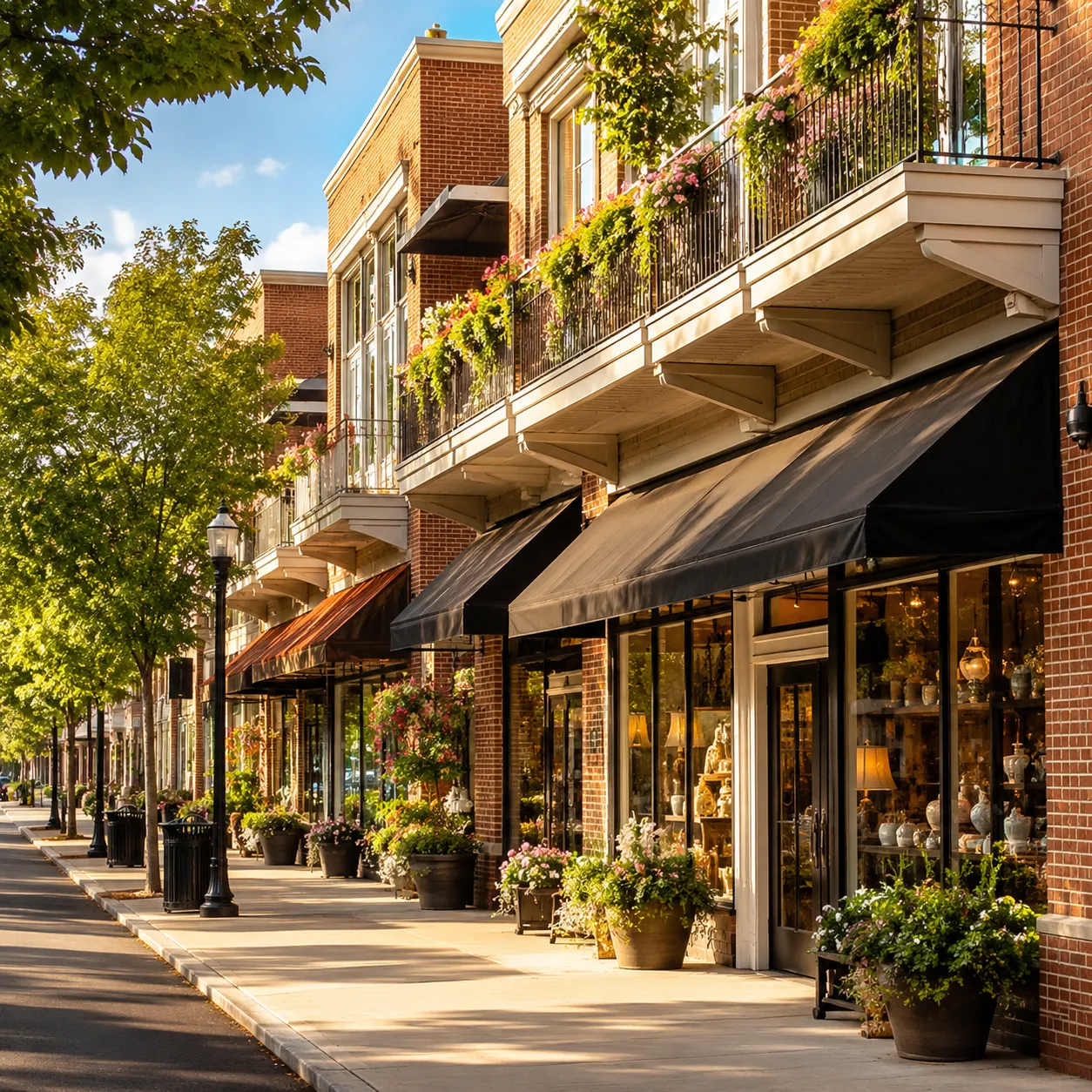 Sunlit row of independent shops along Laurens Street with awnings and flowers in the window boxes.