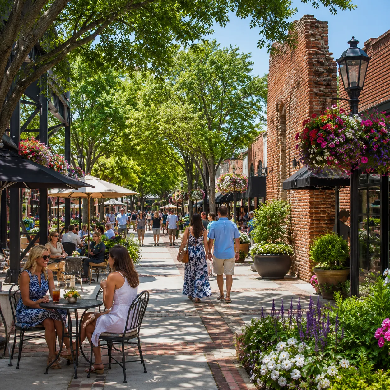 Downtown Aiken parkway with cafe tables, boutique storefronts, and hanging flower baskets