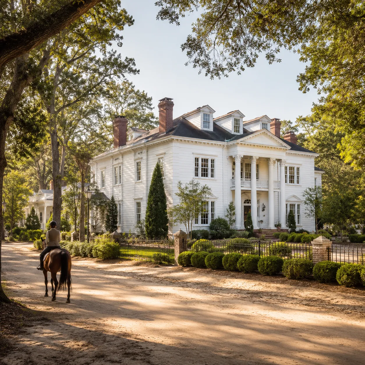 Historic Winter Colony estate with unpaved horse district street and live oaks