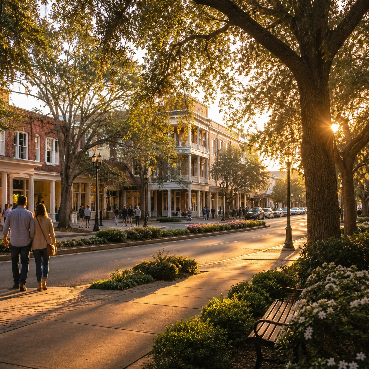 Laurens Street in downtown Aiken at golden hour with oak-lined parkway, shopfronts, and people strolling