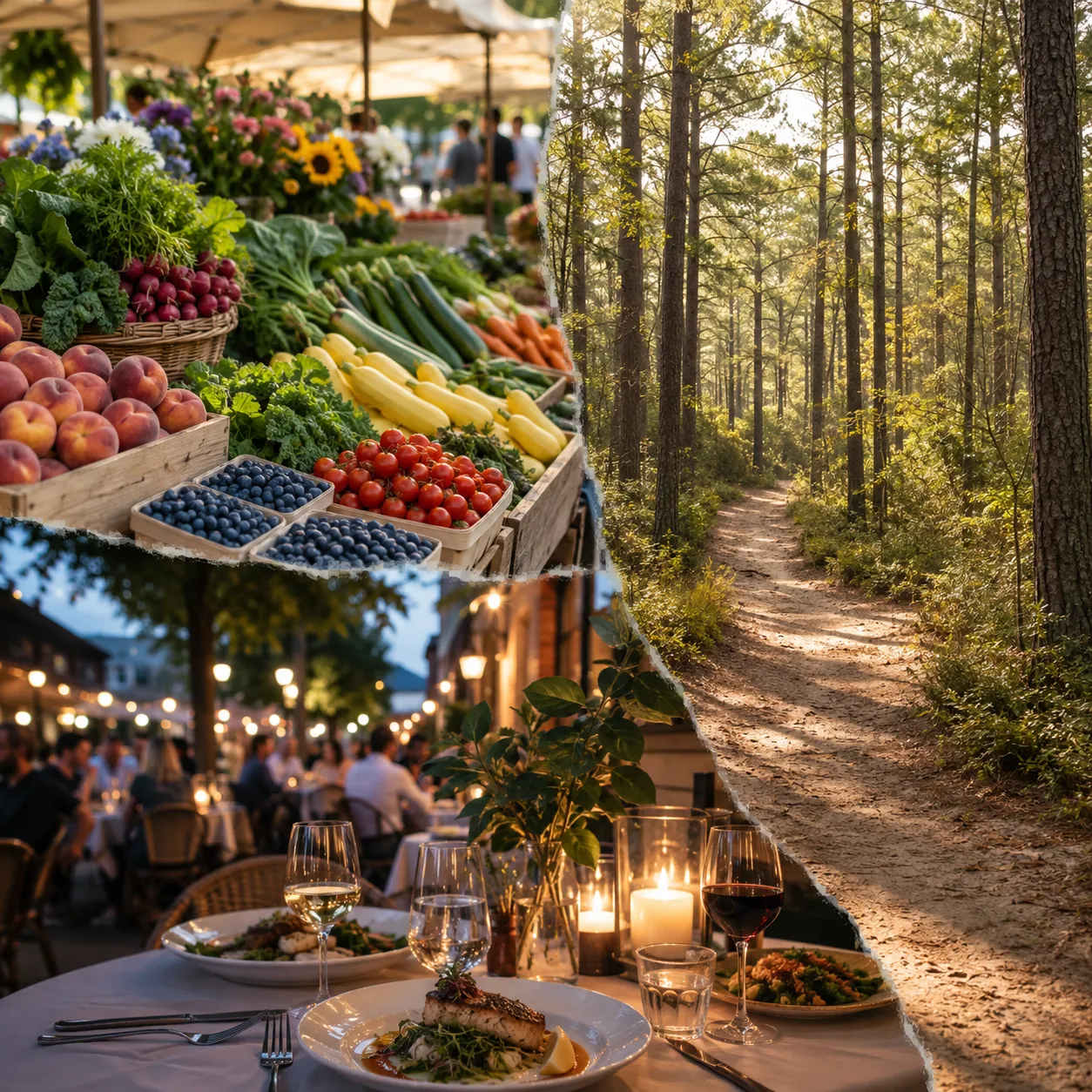 Weekend in Aiken with farmers market produce, trail in Hitchcock Woods, and downtown dinner table